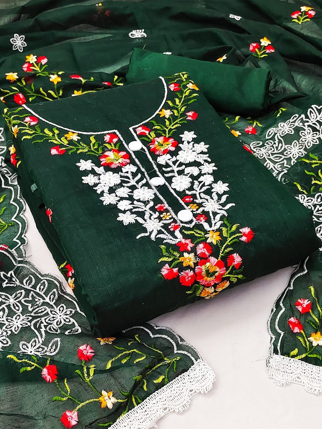 

ZEEPKART Floral Embroidered Unstitched Dress Material, Green