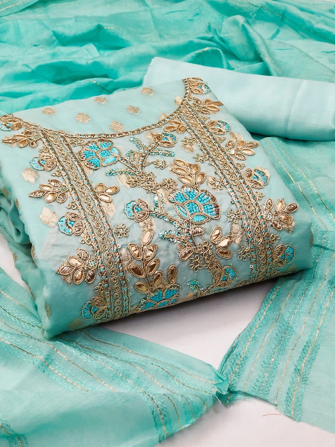 

ZEEPKART Ethnic Motifs Embroidered Unstitched Dress Material, Blue