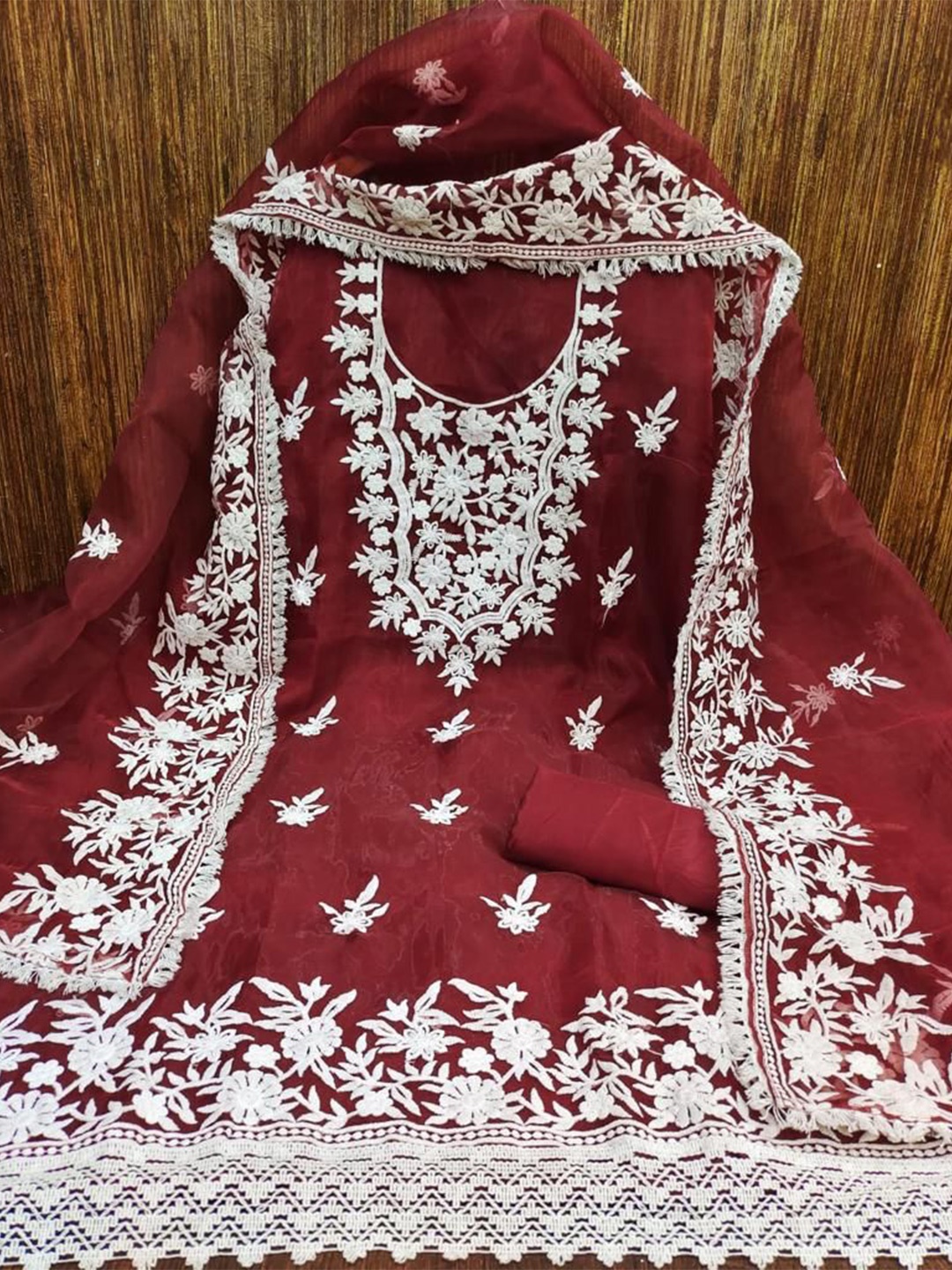 

ZEEPKART Floral Embroidered Unstitched Dress Material, Maroon