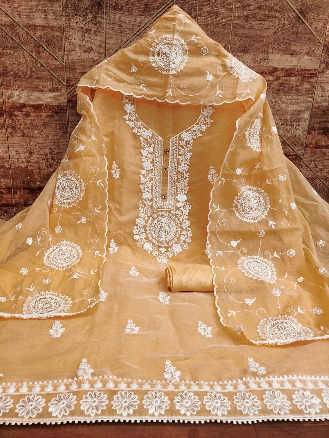 

ZEEPKART Floral Embroidered Sequinned Unstitched Dress Material, Mustard