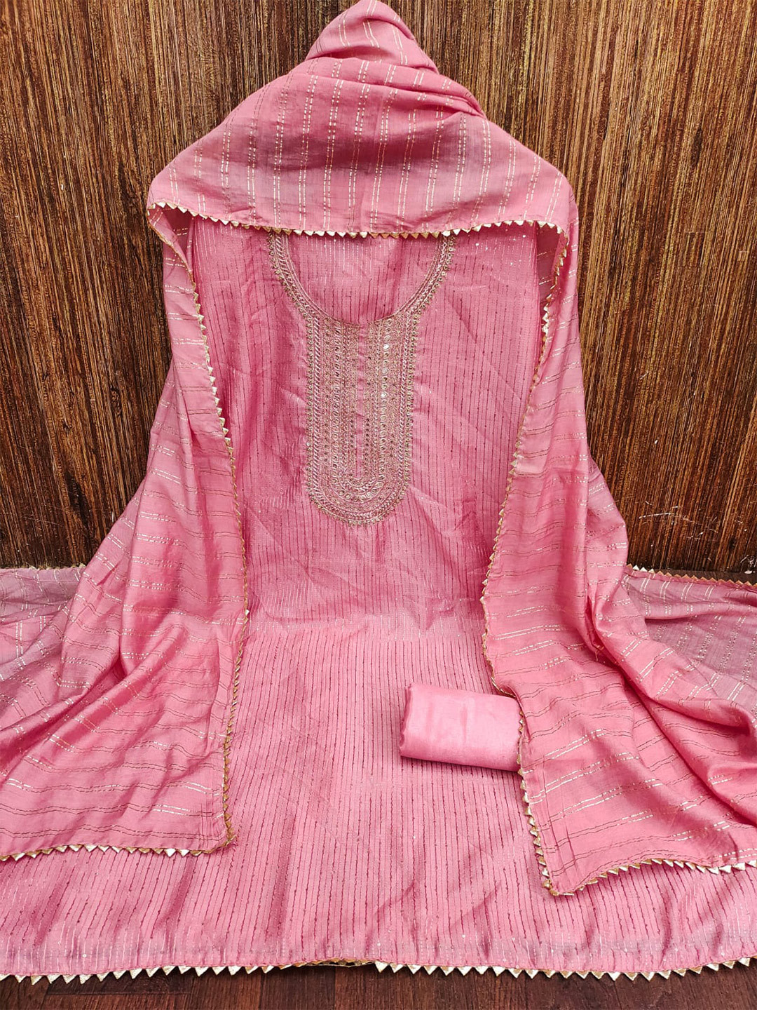 

ZEEPKART Striped Sequinned Unstitched Dress Material, Pink