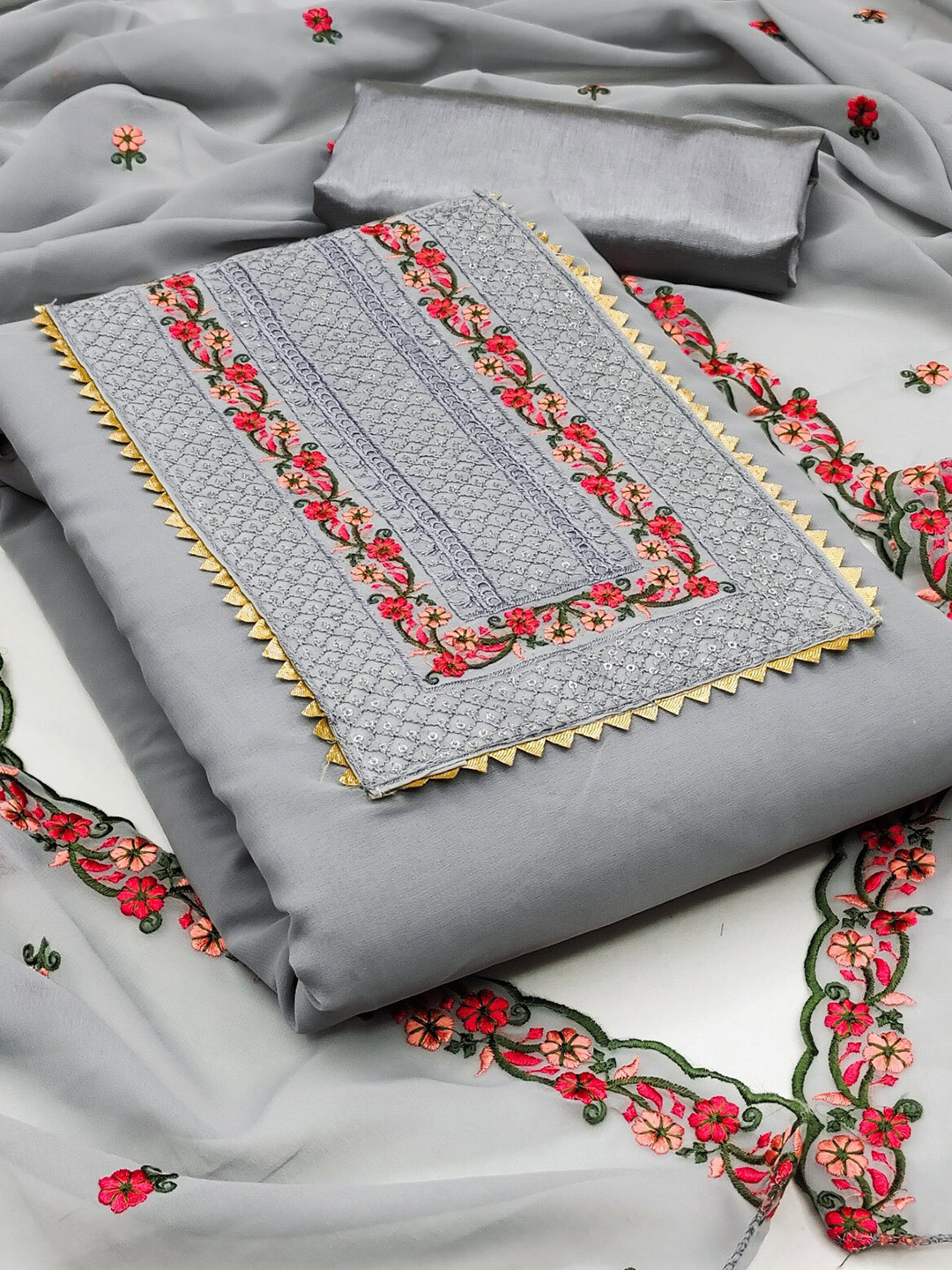 

ZEEPKART Floral Embroidered Unstitched Dress Material, Grey