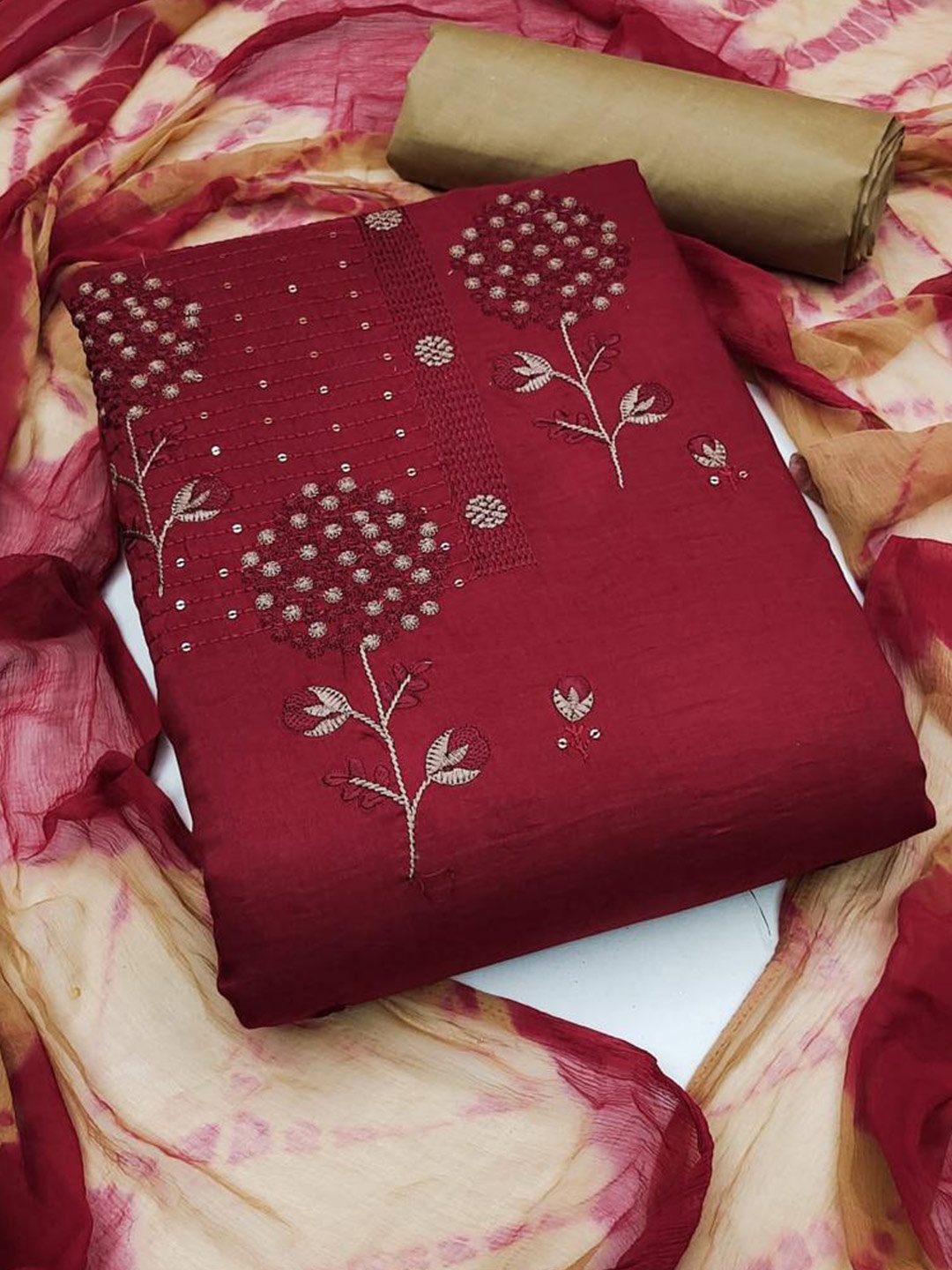 

ZEEPKART Floral Embroidered Sequinned Unstitched Dress Material, Maroon