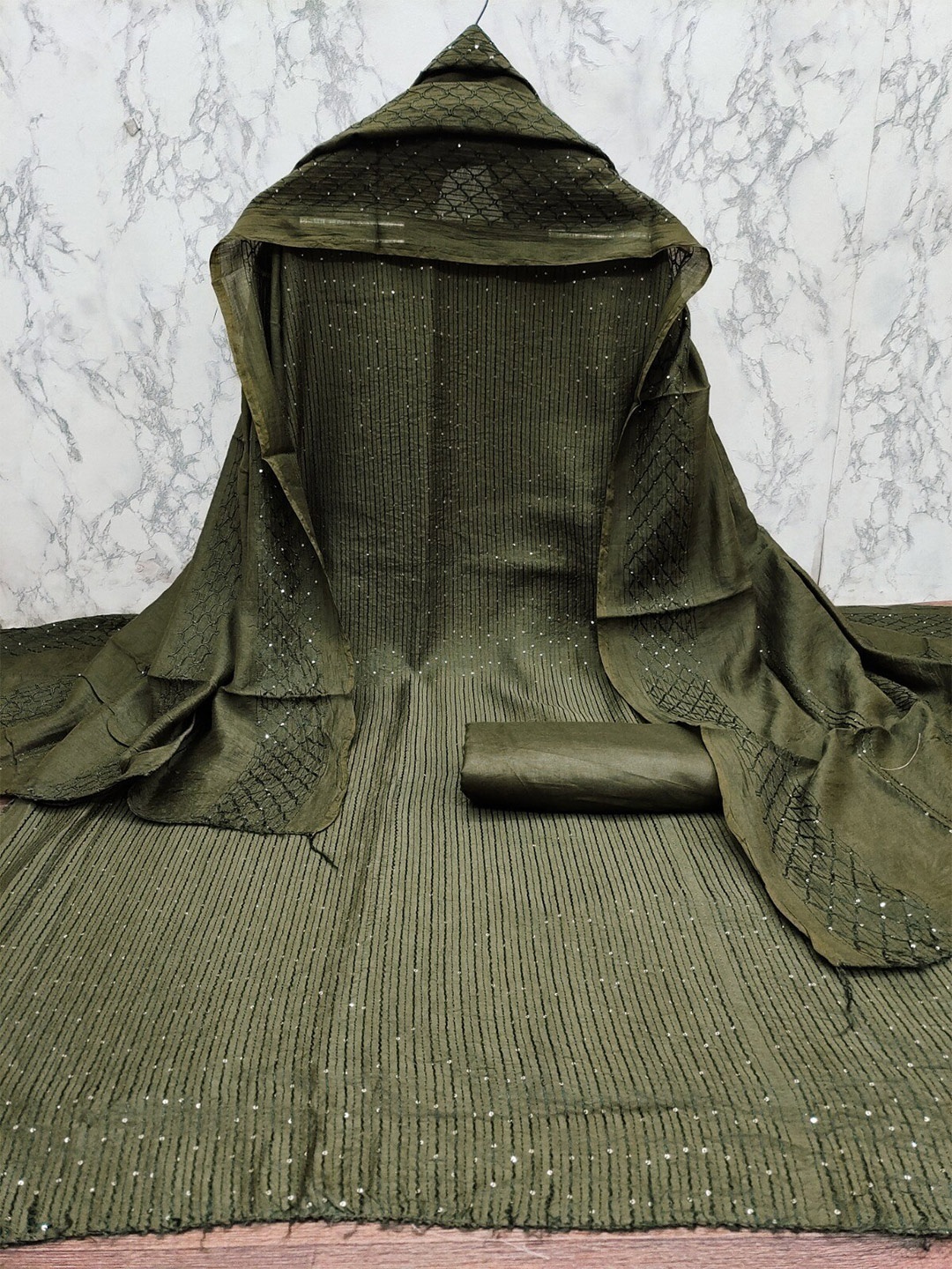 

ZEEPKART Striped Embroidered Unstitched Dress Material, Green