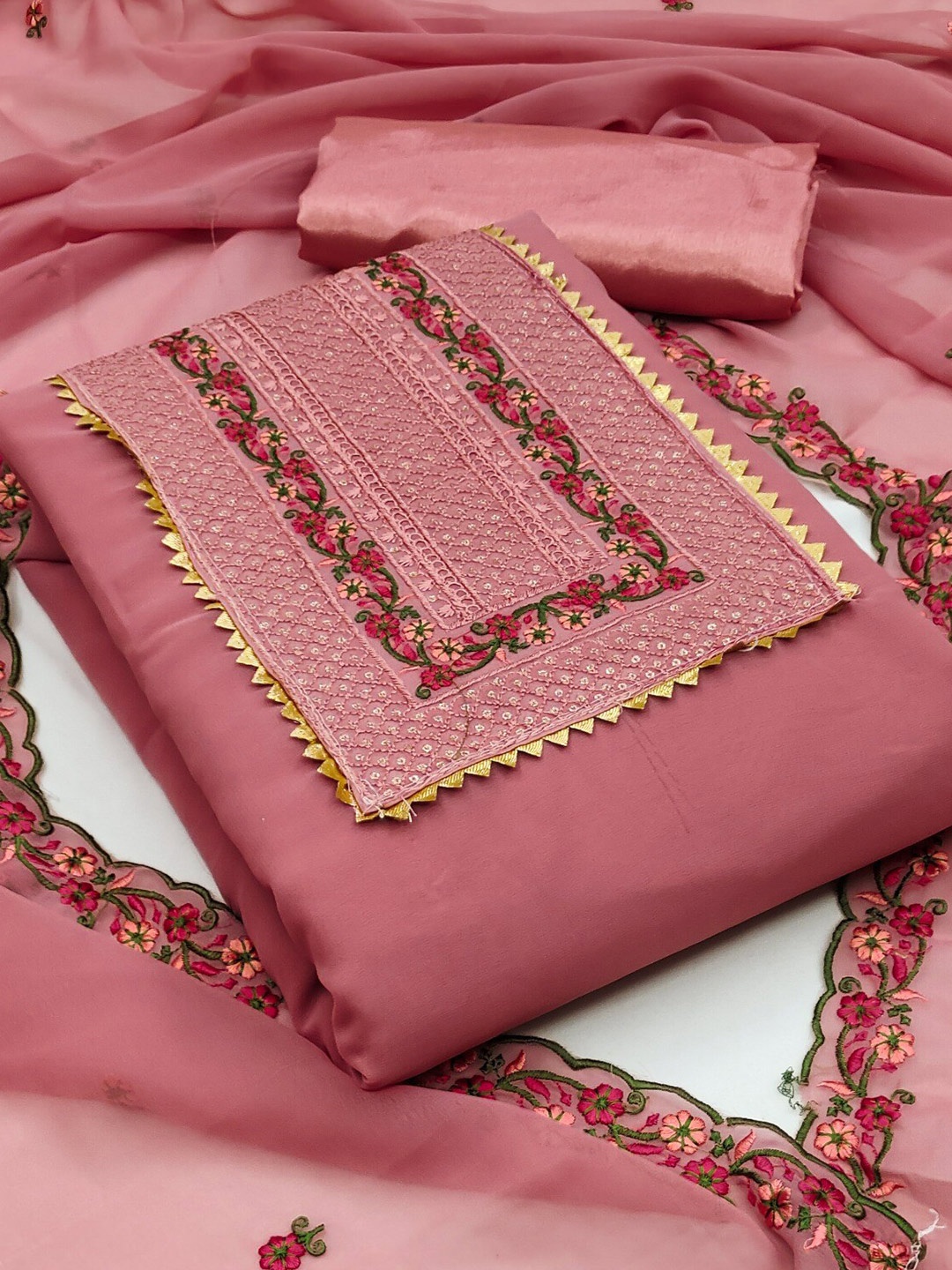 

ZEEPKART Floral Embroidered Gotta Patti Unstitched Dress Material, Pink