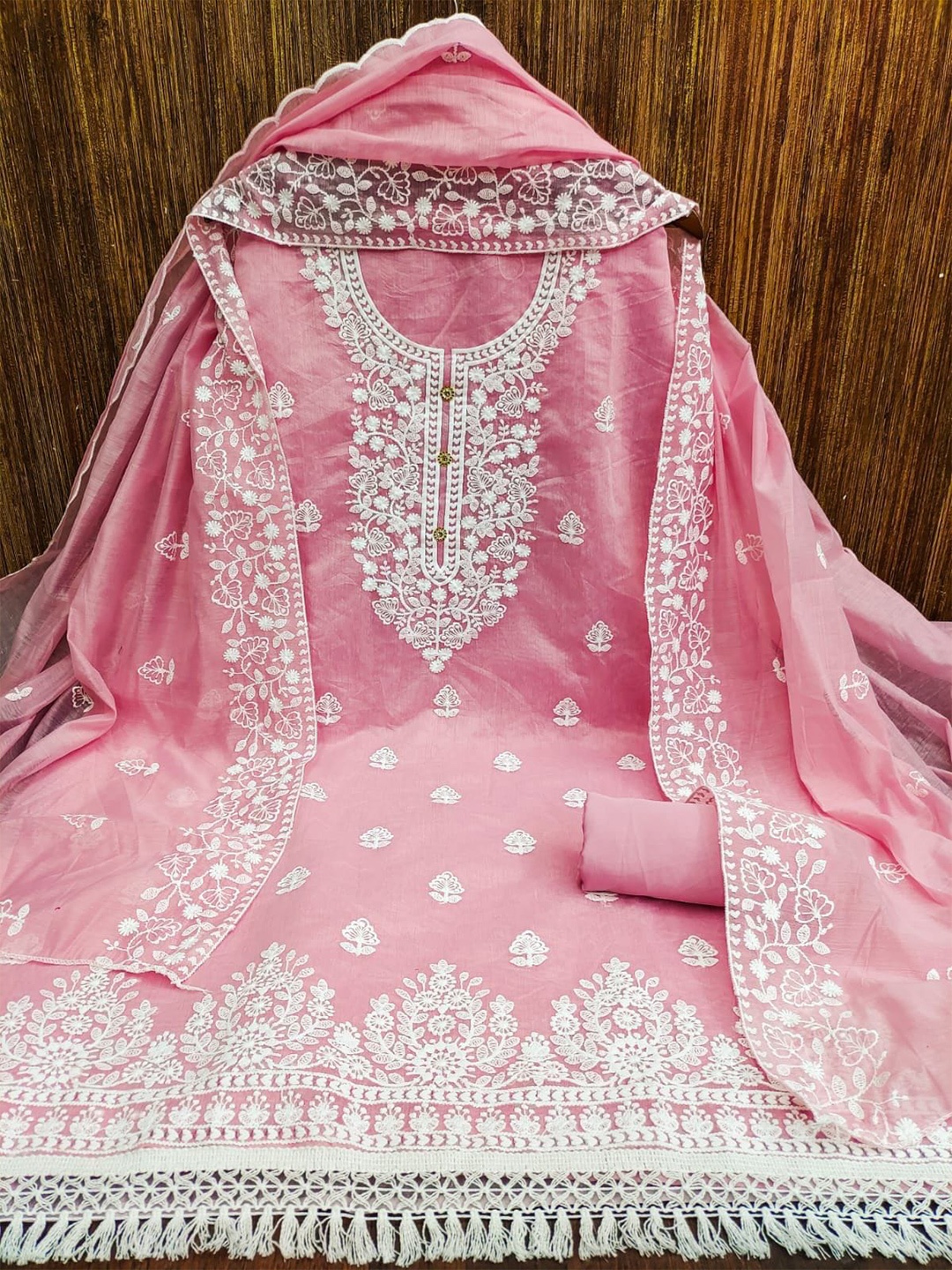 

ZEEPKART Floral Embroidered Unstitched Dress Material, Pink