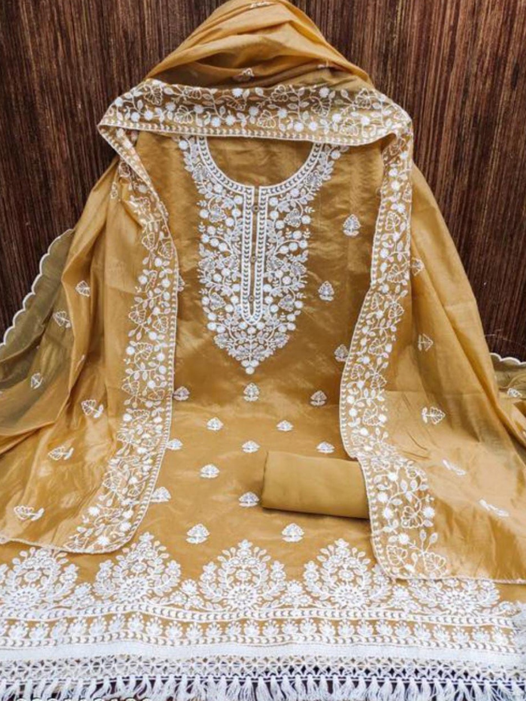 

ZEEPKART Floral Embroidered Unstitched Dress Material, Mustard