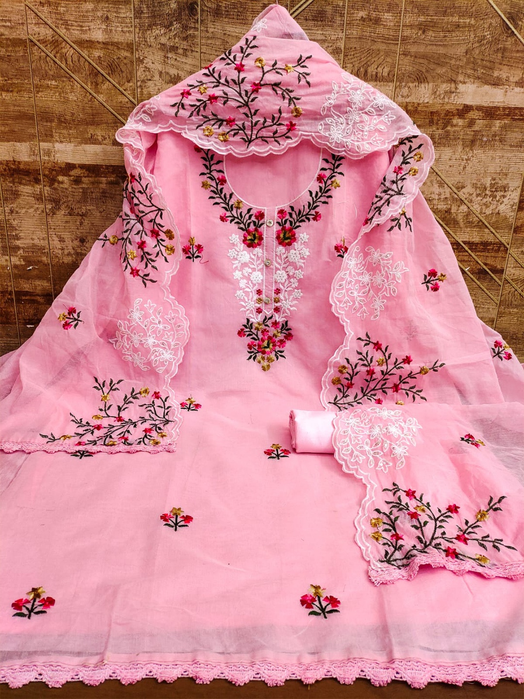 

ZEEPKART Floral Embroidered Unstitched Dress Material, Pink