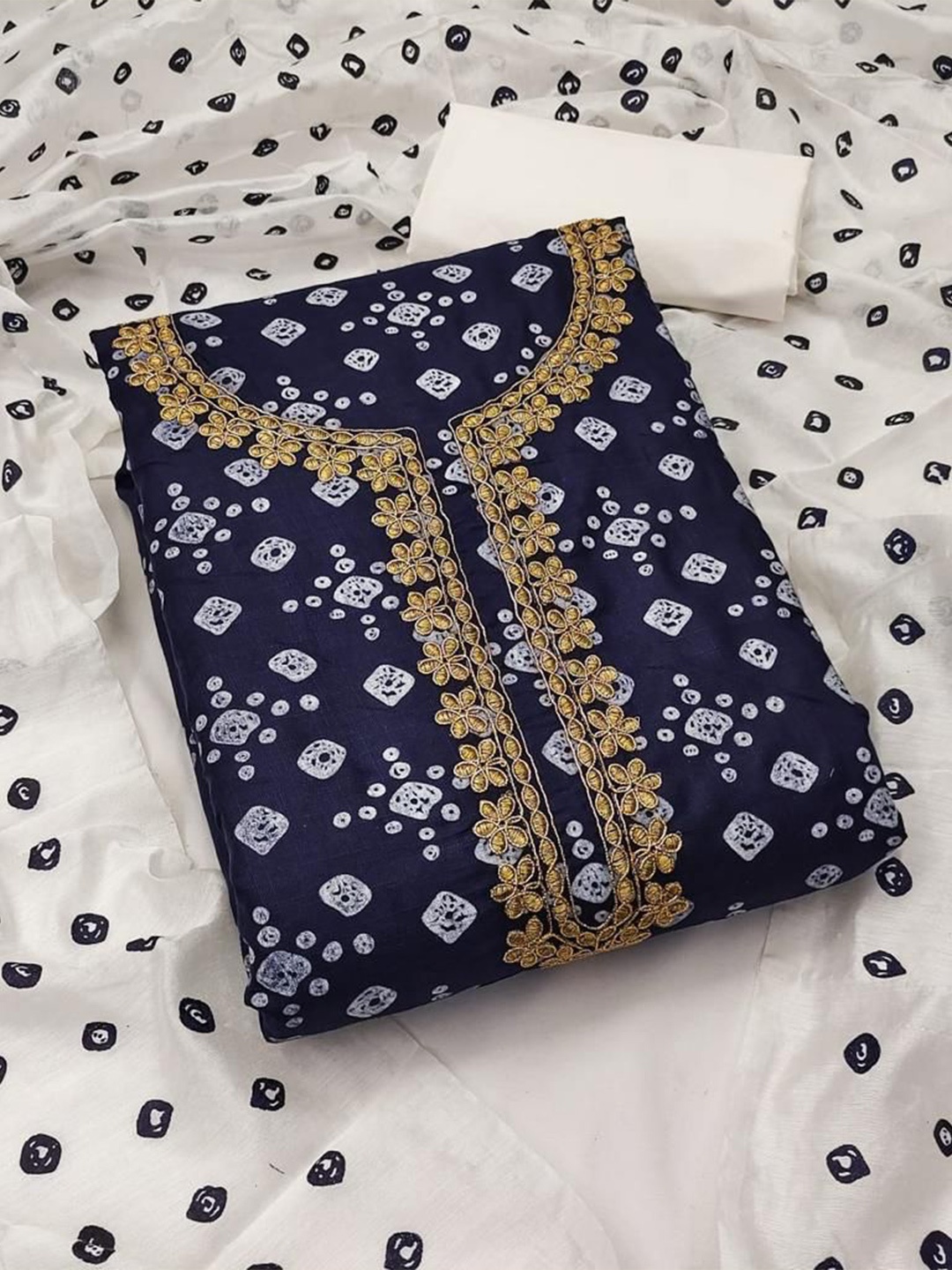 

ZEEPKART Bandhani Printed Unstitched Dress Material, Navy blue