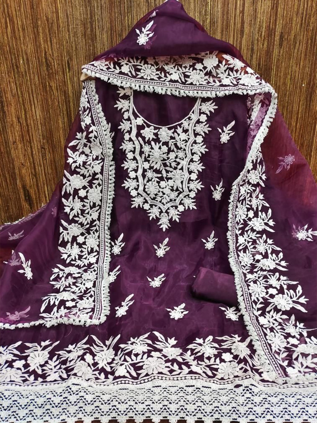 

ZEEPKART Embroidered Organza Unstitched Dress Material, Purple