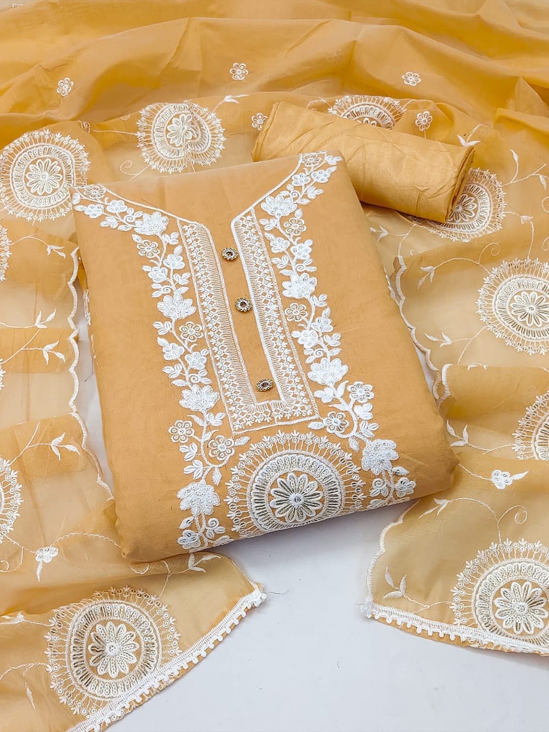 

ZEEPKART Ethnic Embroidered Unstitched Dress Material, Mustard