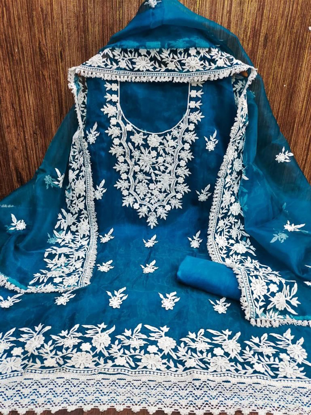 

ZEEPKART Floral Embroidered Organza Unstitched Dress Material, Blue