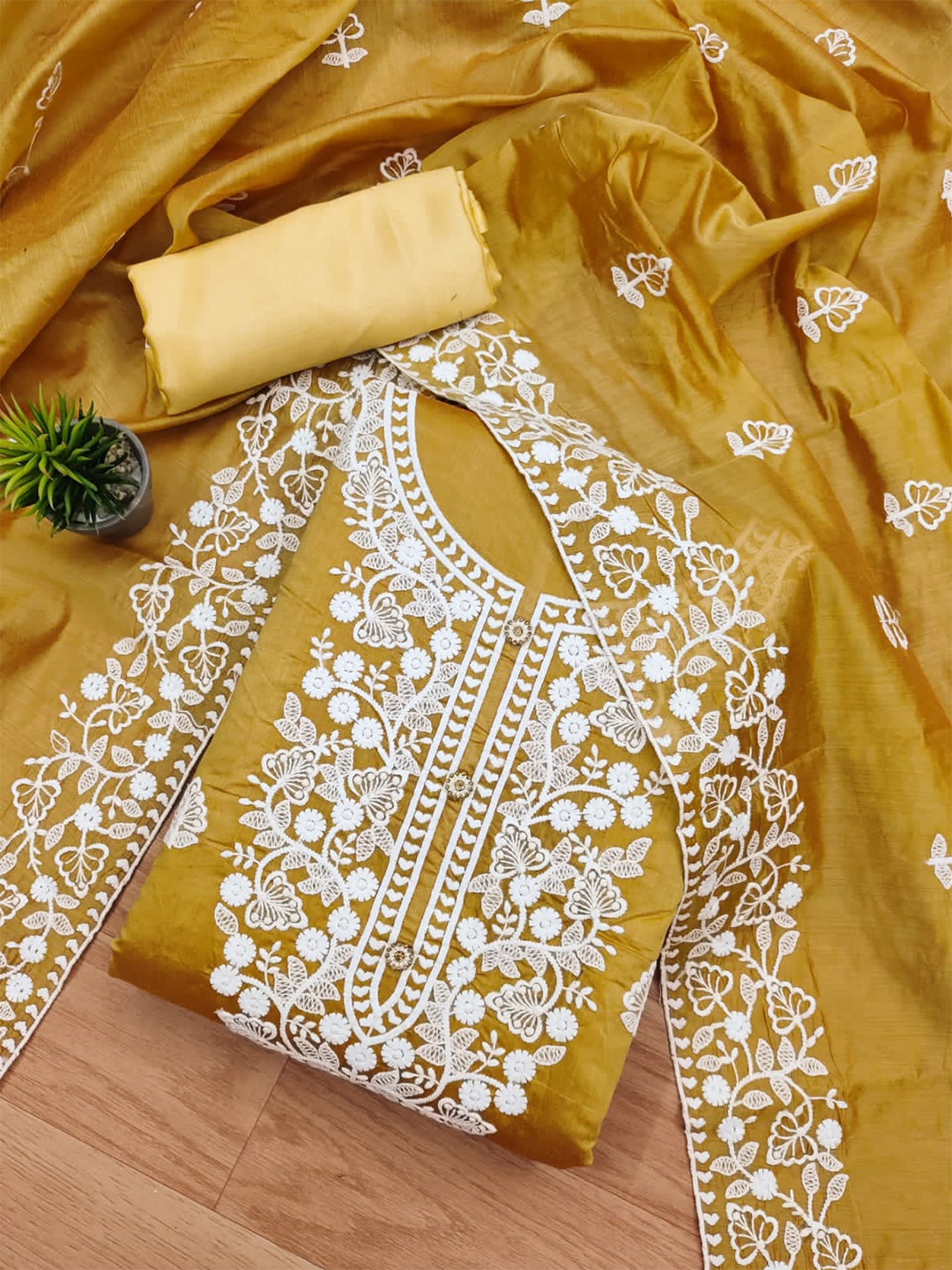 

ZEEPKART Embroidered Unstitched Dress Material, Yellow