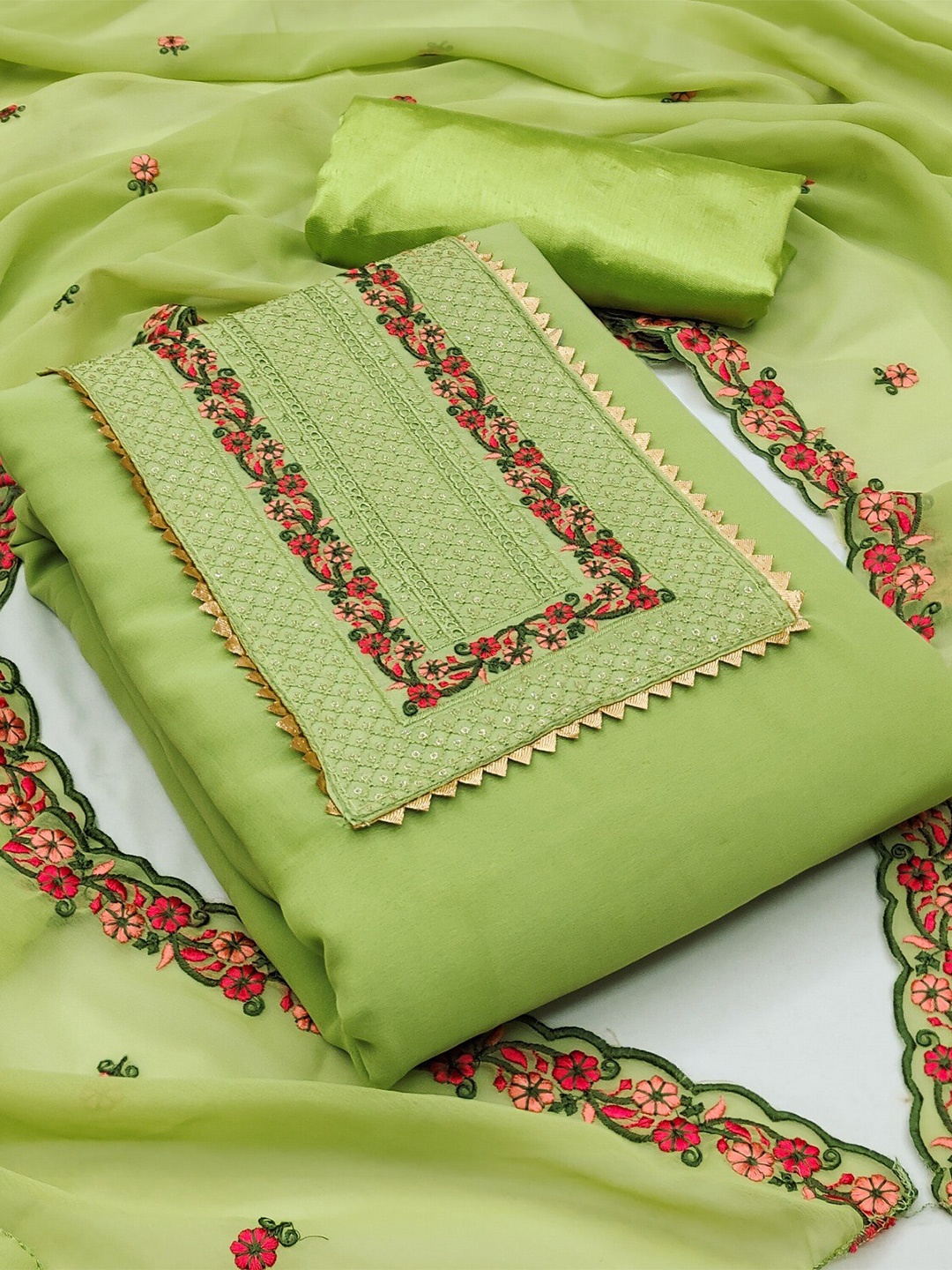 

ZEEPKART Embroidered Unstitched Dress Material, Green
