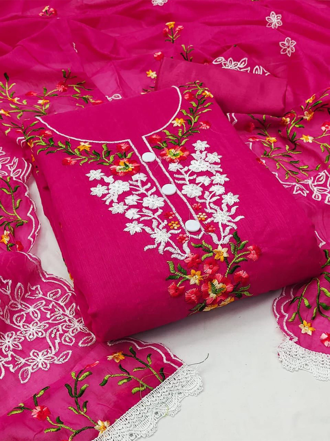 

ZEEPKART Floral Embroidered Unstitched Dress Material, Pink