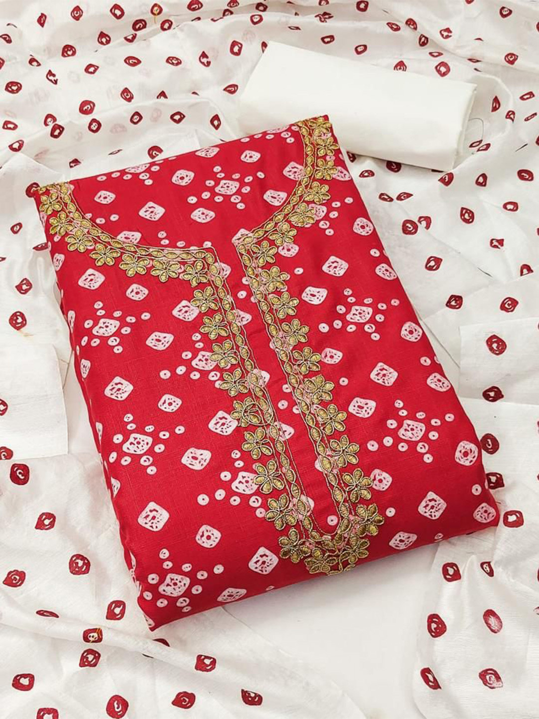 

ZEEPKART Bandhani Printed Unstitched Dress Material, Red