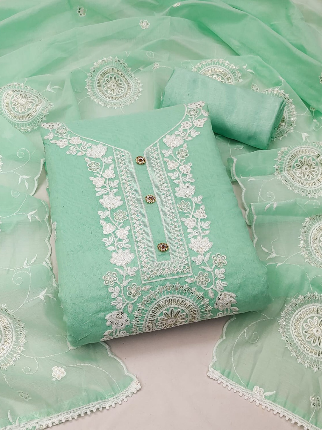 

ZEEPKART Floral Embroidered Unstitched Dress Material, Green