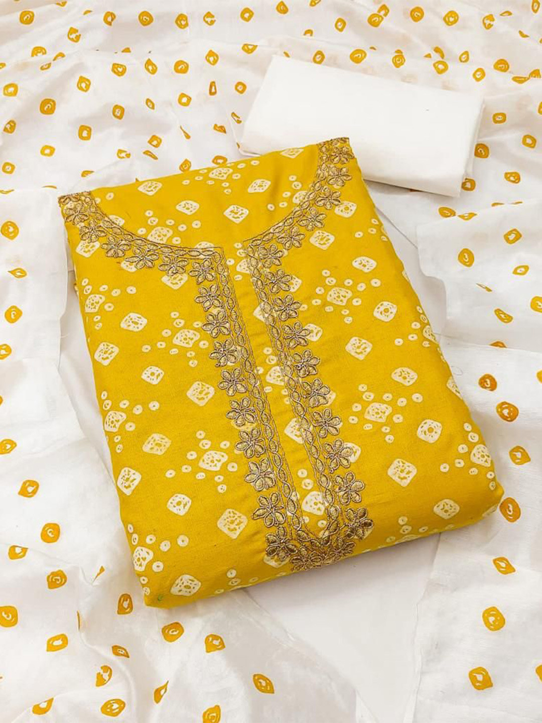 

ZEEPKART Bandhani Printed Unstitched Dress Material, Yellow