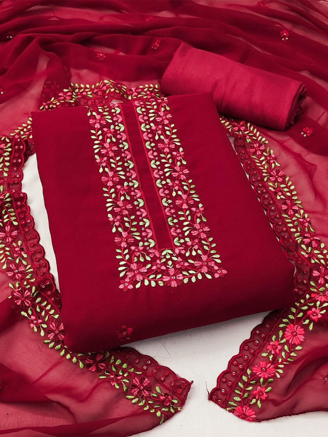 

ZEEPKART Floral Embroidered Unstitched Dress Material, Maroon