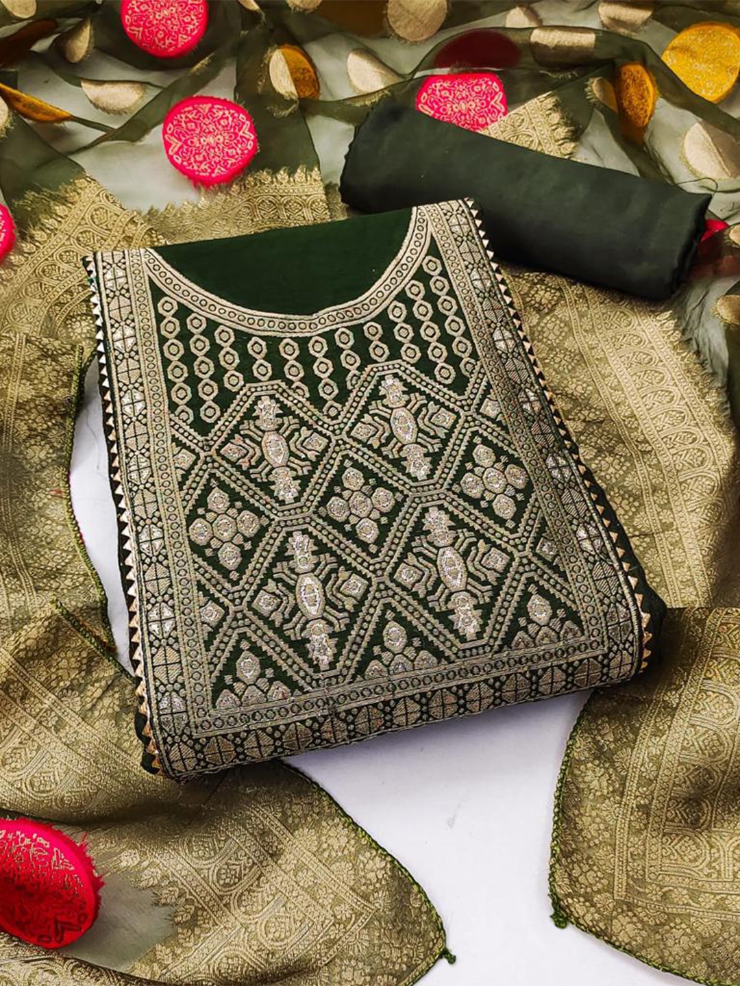 

ZEEPKART Ethnic Motifs Woven Design Gotta Patti Unstitched Dress Material, Green