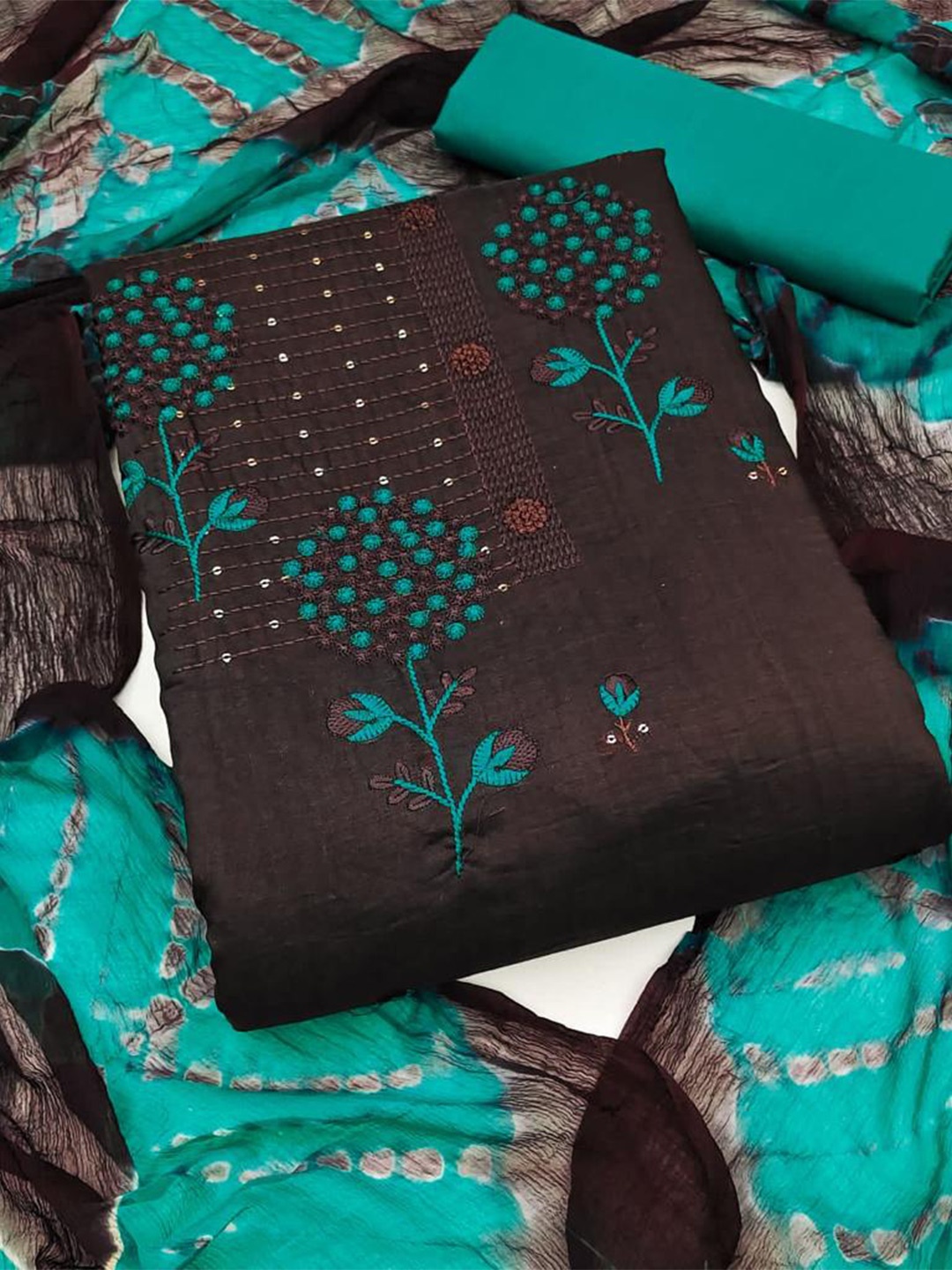 

ZEEPKART Floral Embroidered Sequinned Unstitched Dress Material, Brown