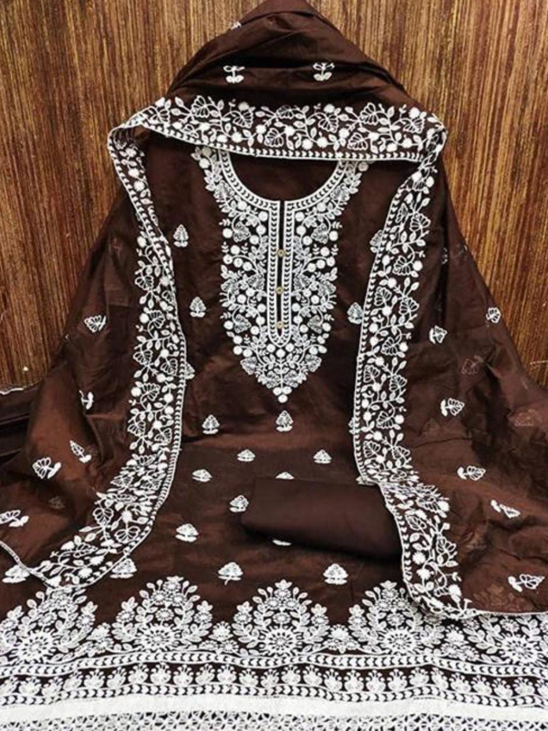 

ZEEPKART Floral Embroidered Unstitched Dress Material, Brown