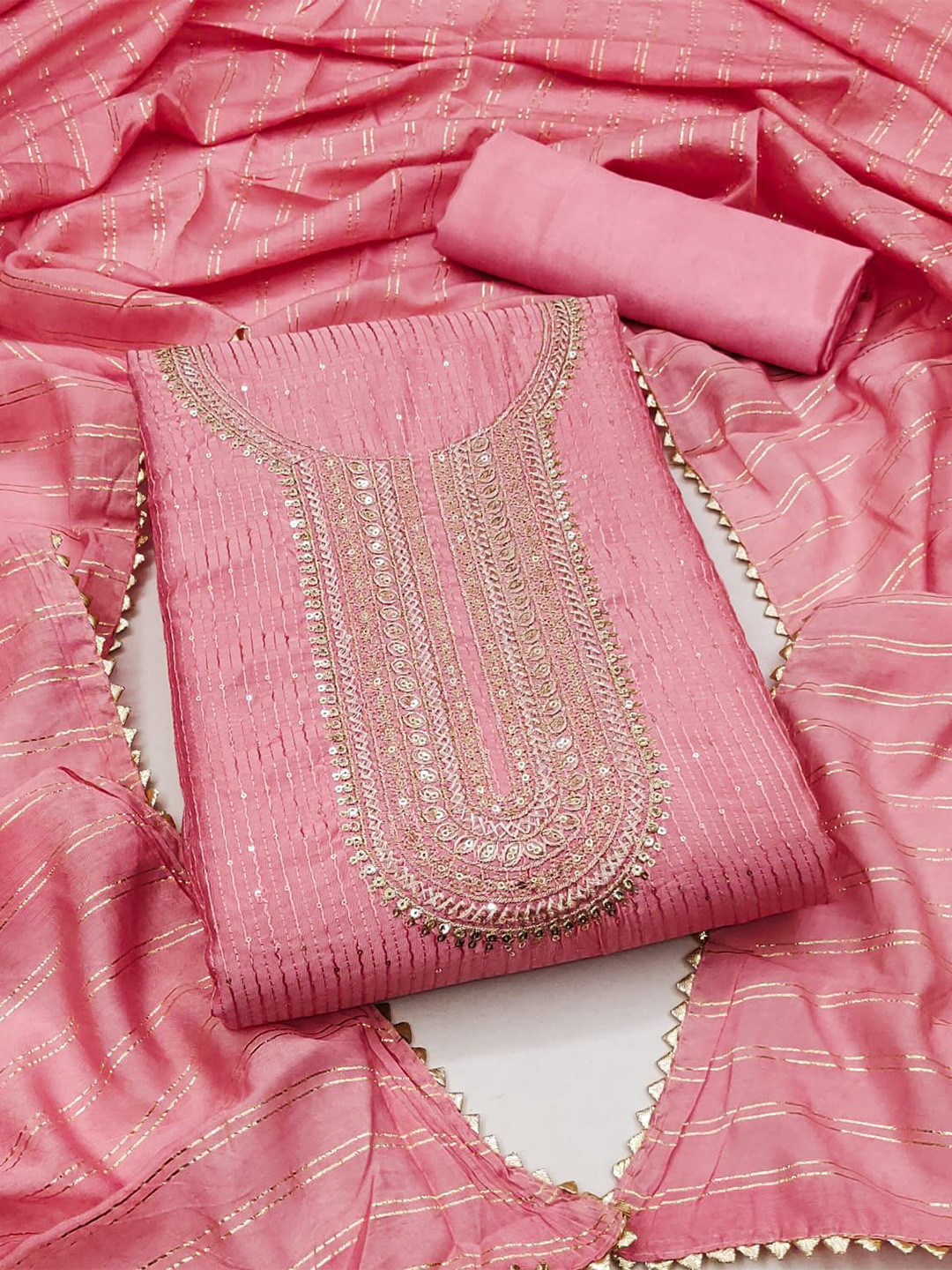 

ZEEPKART Ethnic Motifs Embroidered Sequinned Detailed Unstitched Dress Material, Pink