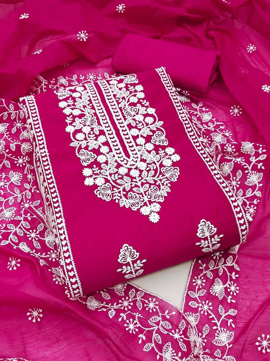 

ZEEPKART Ethnic Motifs Embroidered Thread Work Detailed Unstitched Dress Material, Pink