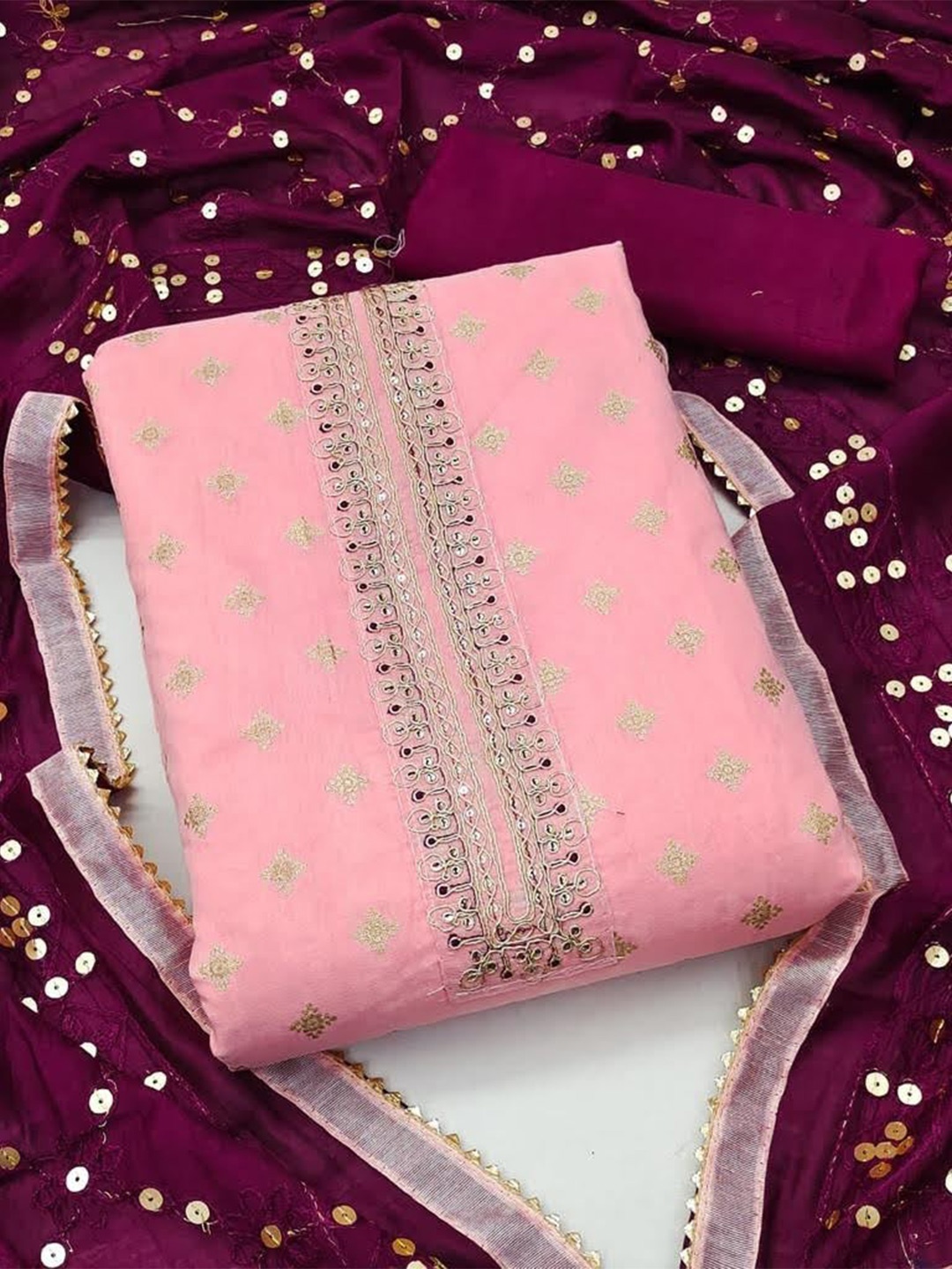 

ZEEPKART Ethnic Motifs Woven Design Thread Work Detailed Unstitched Dress Material, Pink