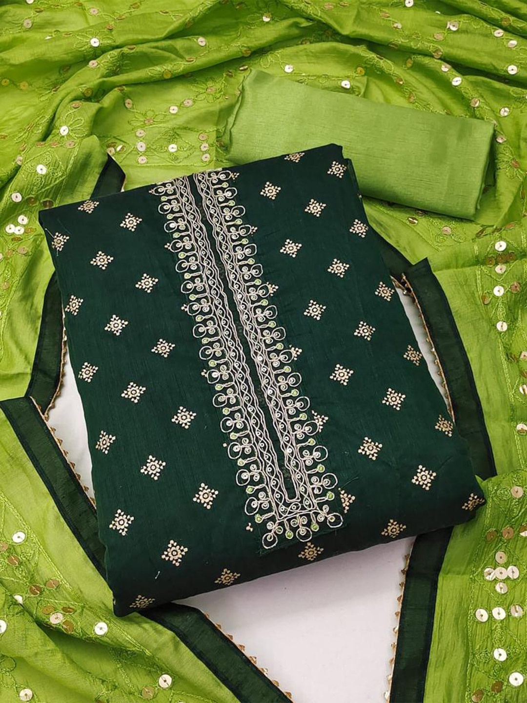 

ZEEPKART Ethnic Motifs Woven Design Zari Sequined Unstitched Dress Material, Green