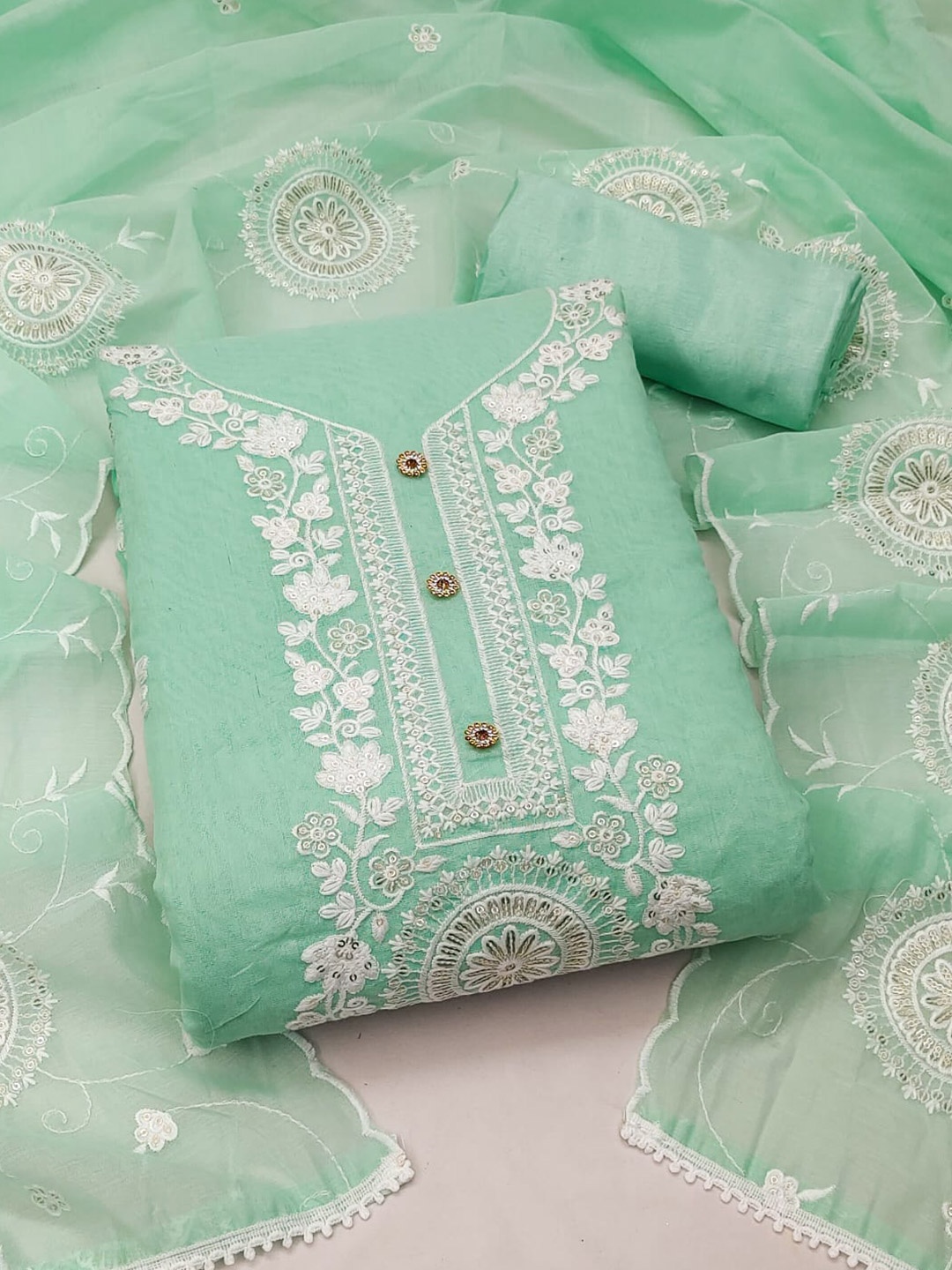

ZEEPKART Floral Embroidered Sequined Unstitched Dress Material, Sea green