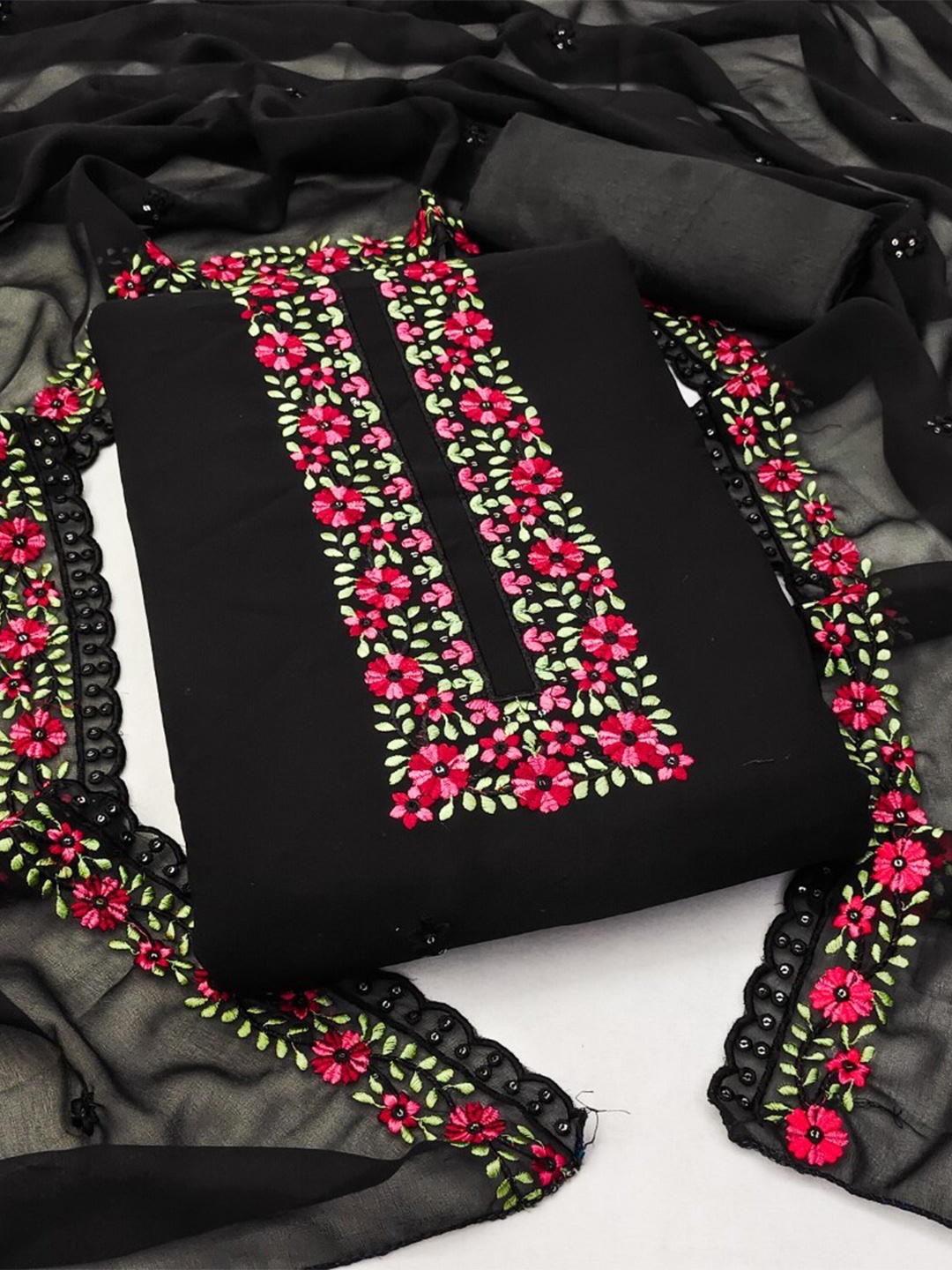 

ZEEPKART Floral Embroidered Unstitched Dress Material, Black
