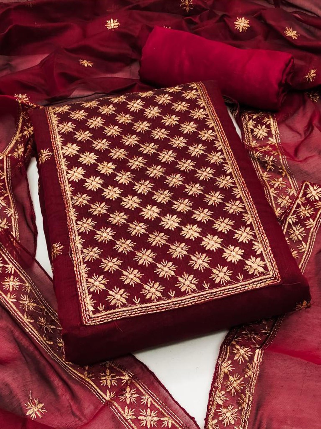 

ZEEPKART Embroidered Unstitched Dress Material, Maroon