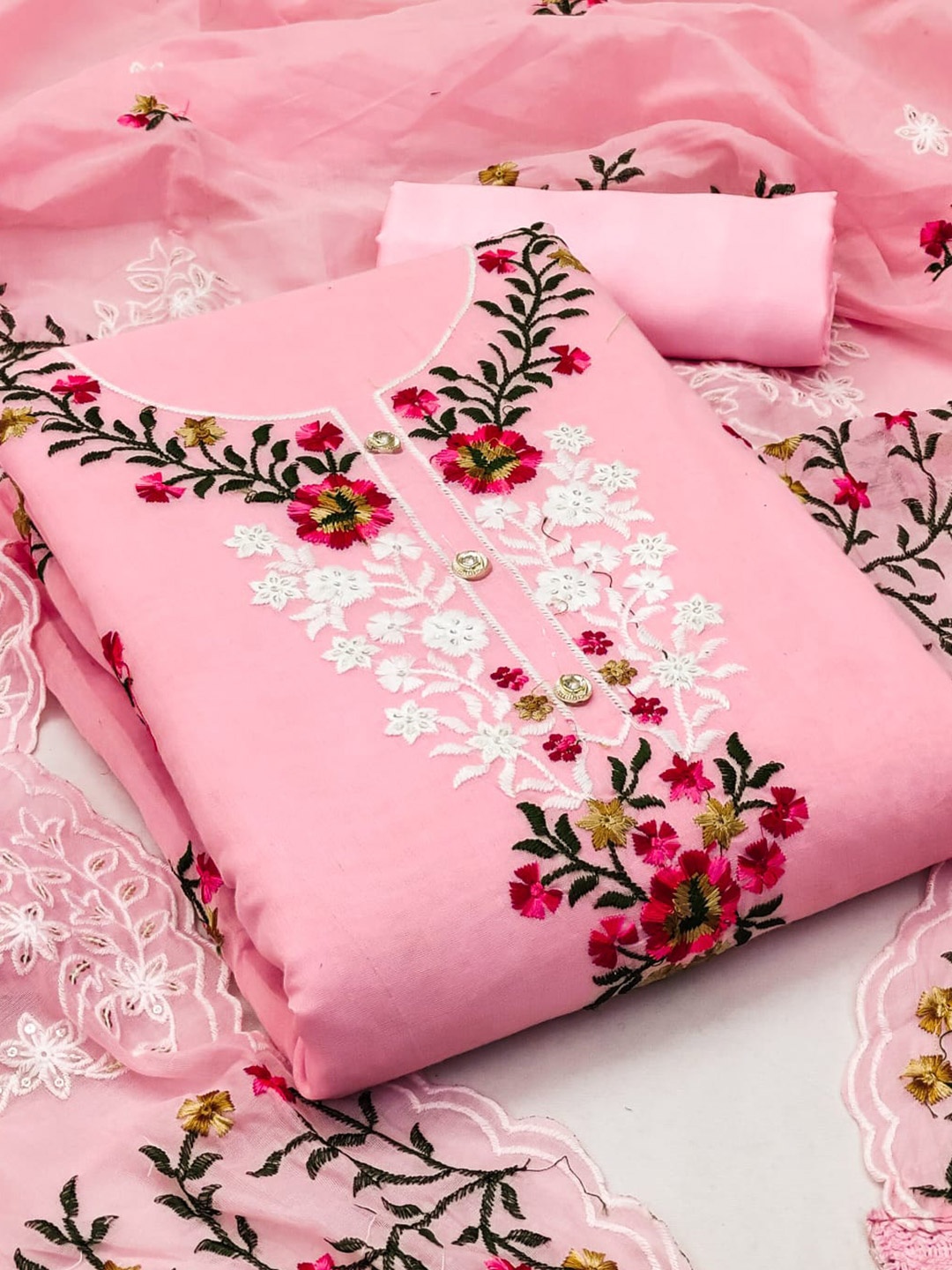 

ZEEPKART Floral Embroidered Unstitched Dress Material, Pink