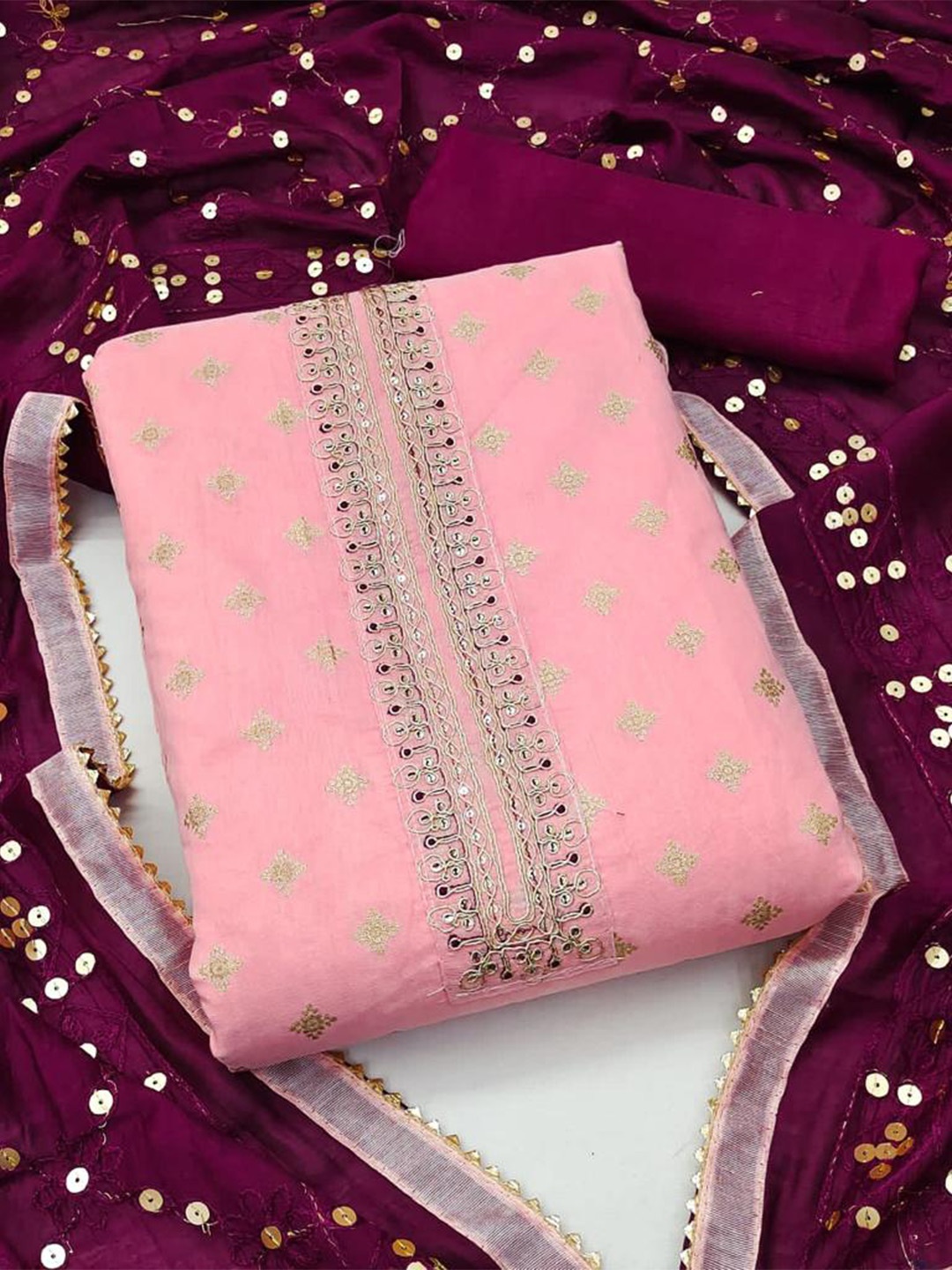 

ZEEPKART Ethnic Motifs Woven Design Sequined Unstitched Dress Material, Pink