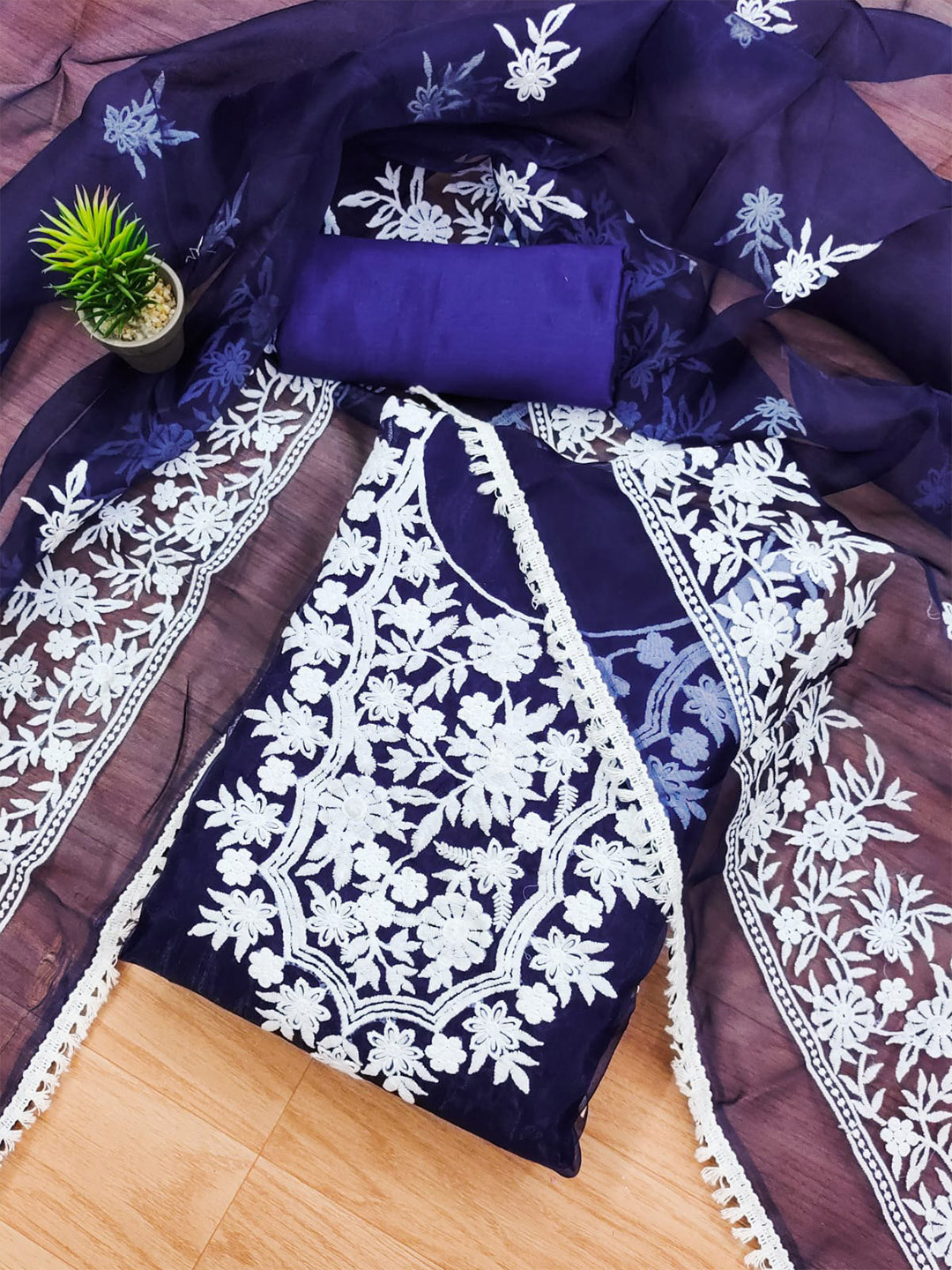 

ZEEPKART Floral Embroidered Organza Unstitched Dress Material, Navy blue