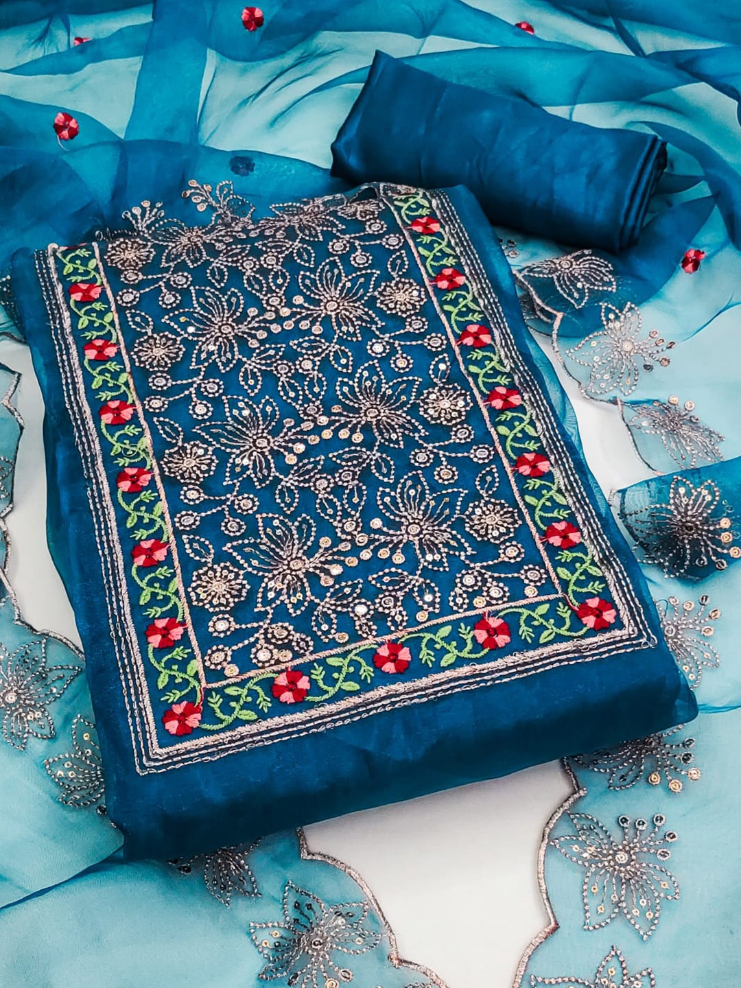 

ZEEPKART Ethnic Motifs Embellished Sequinned Organza Unstitched Dress Material, Blue