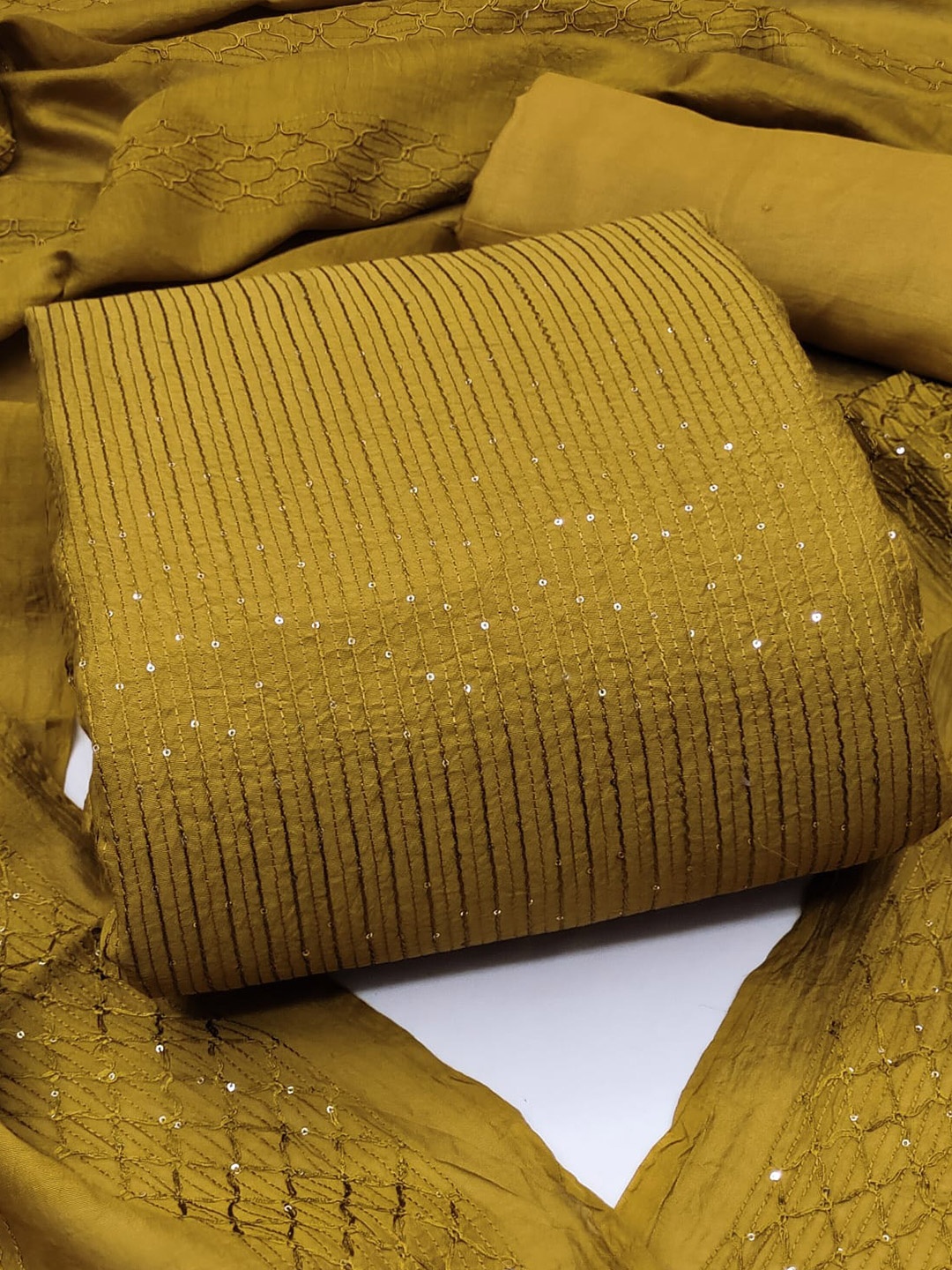 

ZEEPKART Striped Embellished Unstitched Dress Material, Mustard