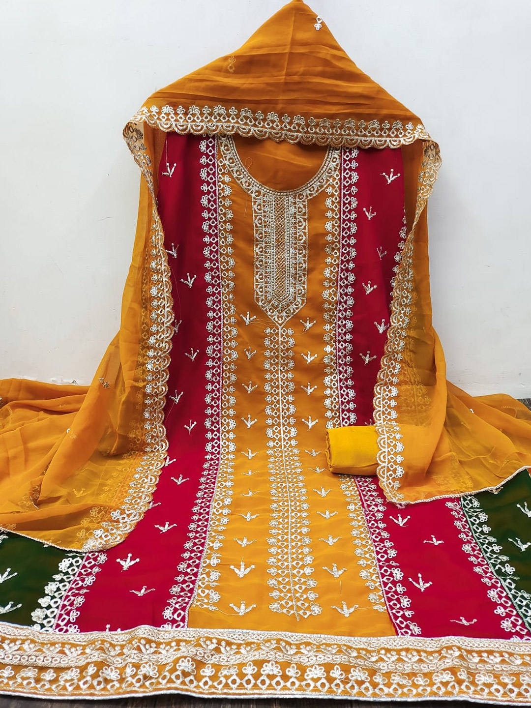 

ZEEPKART Floral Woven Design Unstitched Dress Material, Mustard