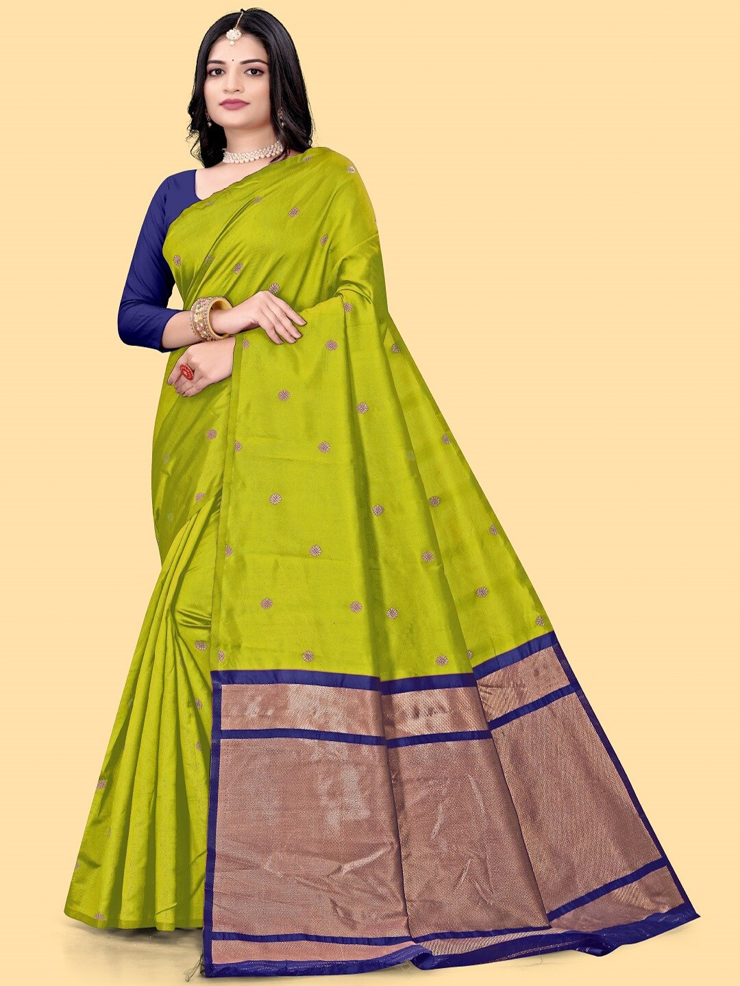 

faxofab Ethnic Motifs Woven Design Zari Pure Silk Banarasi Saree, Lime green