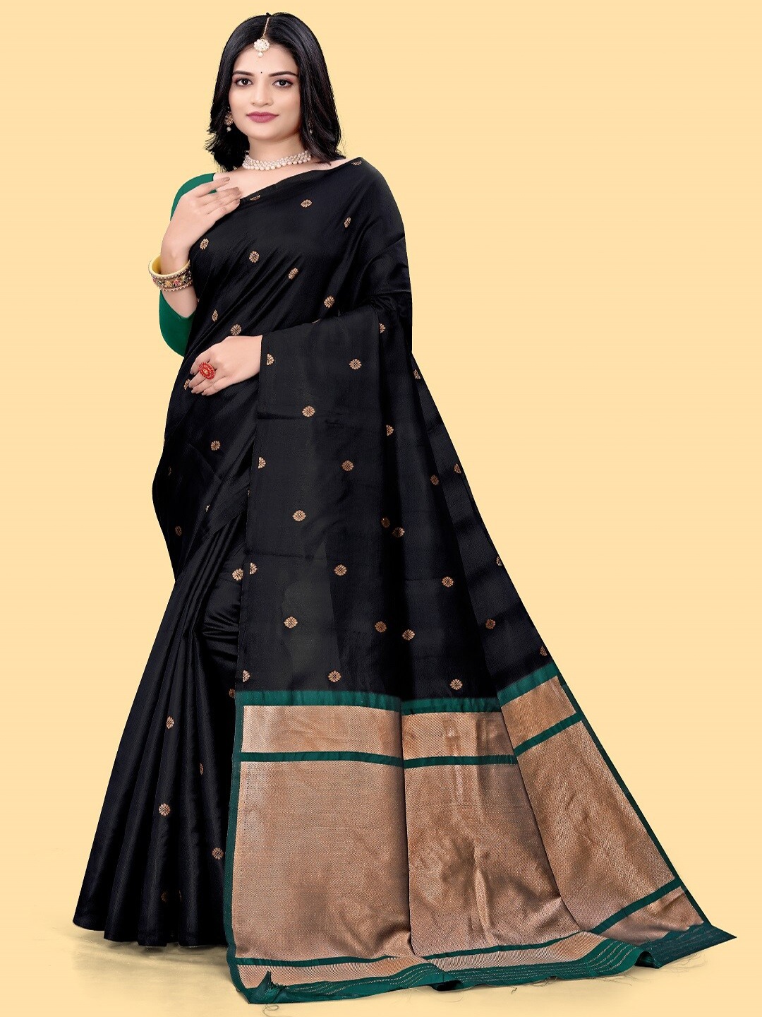 

faxofab Ethnic Motifs Woven Design Zari Pure Silk Banarasi Saree, Black