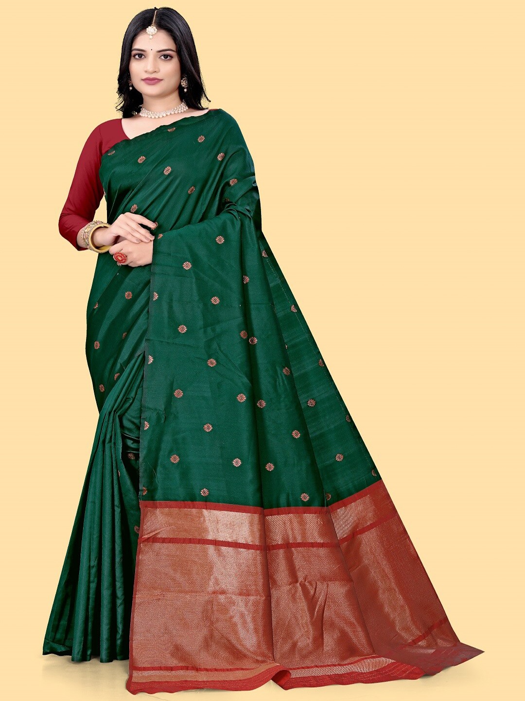 

faxofab Ethnic Motifs Woven Design Zari Pure Silk Banarasi Saree, Green