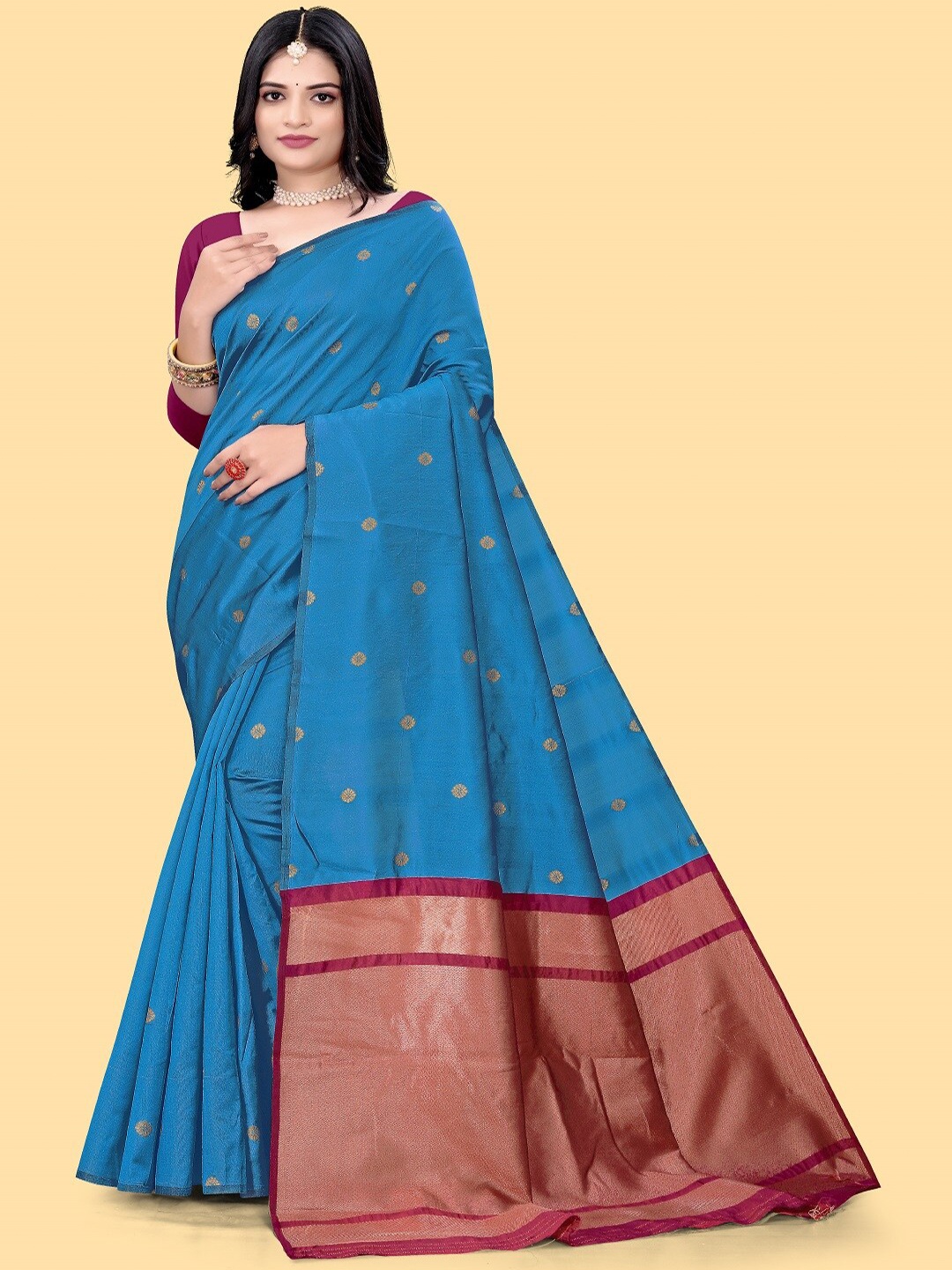 

faxofab Ethnic Motifs Woven Design Zari Pure Silk Banarasi Saree, Blue