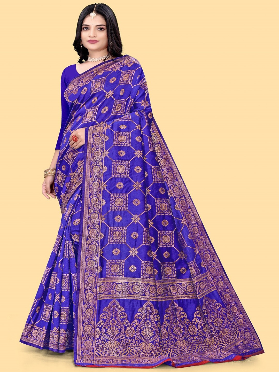 

faxofab Ethnic Motifs Woven Design Zari Pure Silk Banarasi Saree, Blue