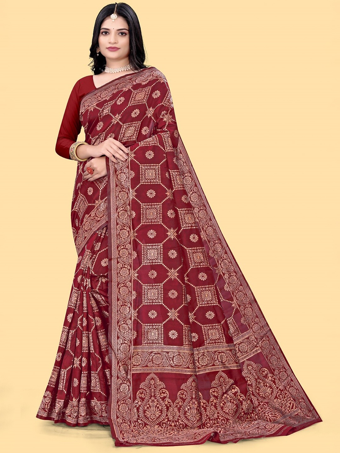 

faxofab Ethnic Motifs Woven Design Zari Pure Silk Banarasi Saree, Maroon