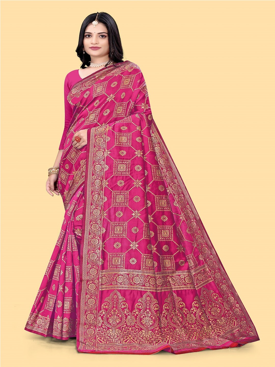 

faxofab Ethnic Motifs Woven Design Zari Pure Silk Banarasi Saree, Pink