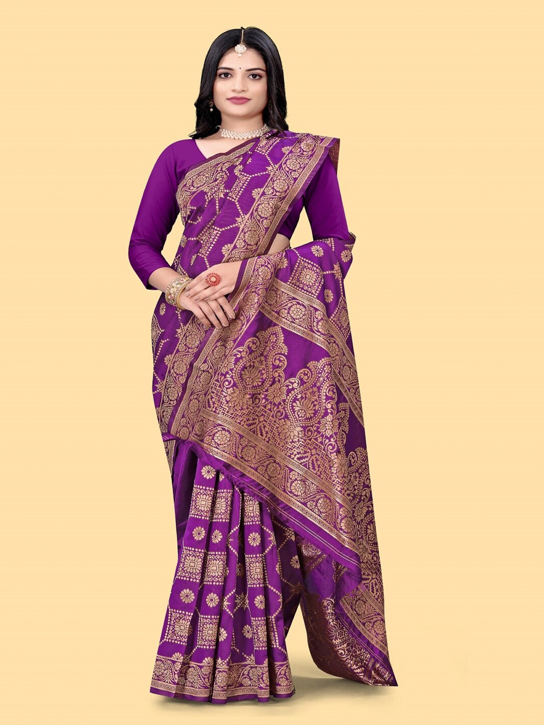 

faxofab Ethnic Motifs Woven Design Zari Pure Silk Banarasi Saree, Purple