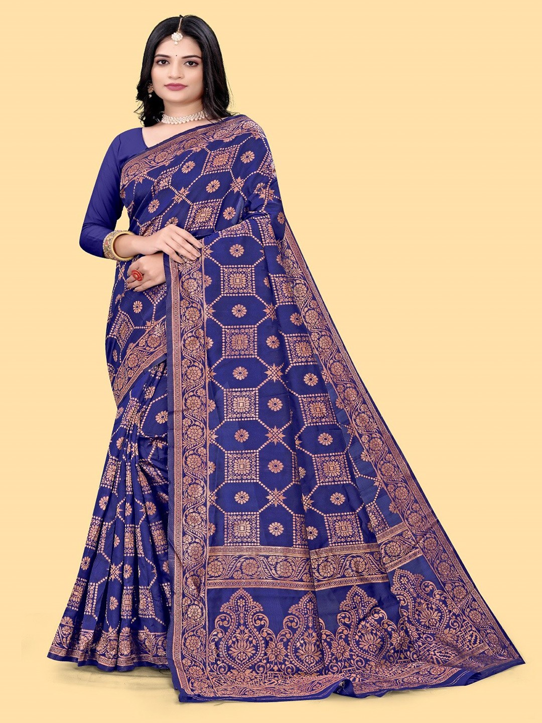 

faxofab Ethnic Motifs Woven Design Zari Pure Silk Banarasi Saree, Navy blue