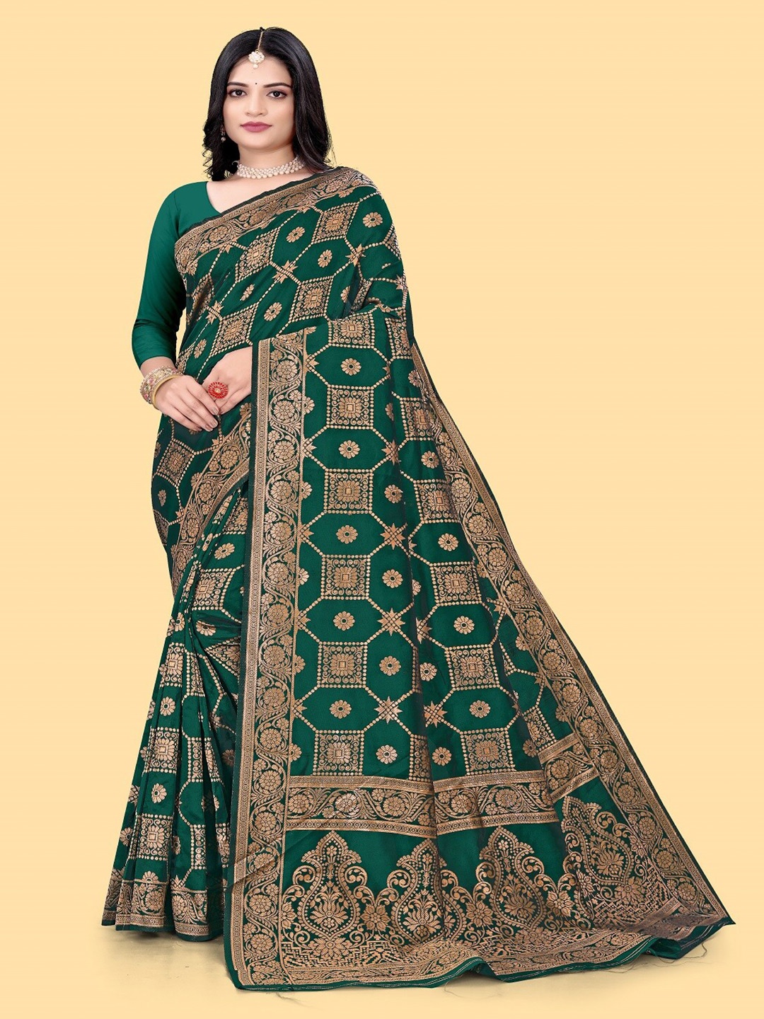 

faxofab Ethnic Motifs Woven Design Zari Pure Silk Banarasi Saree, Green