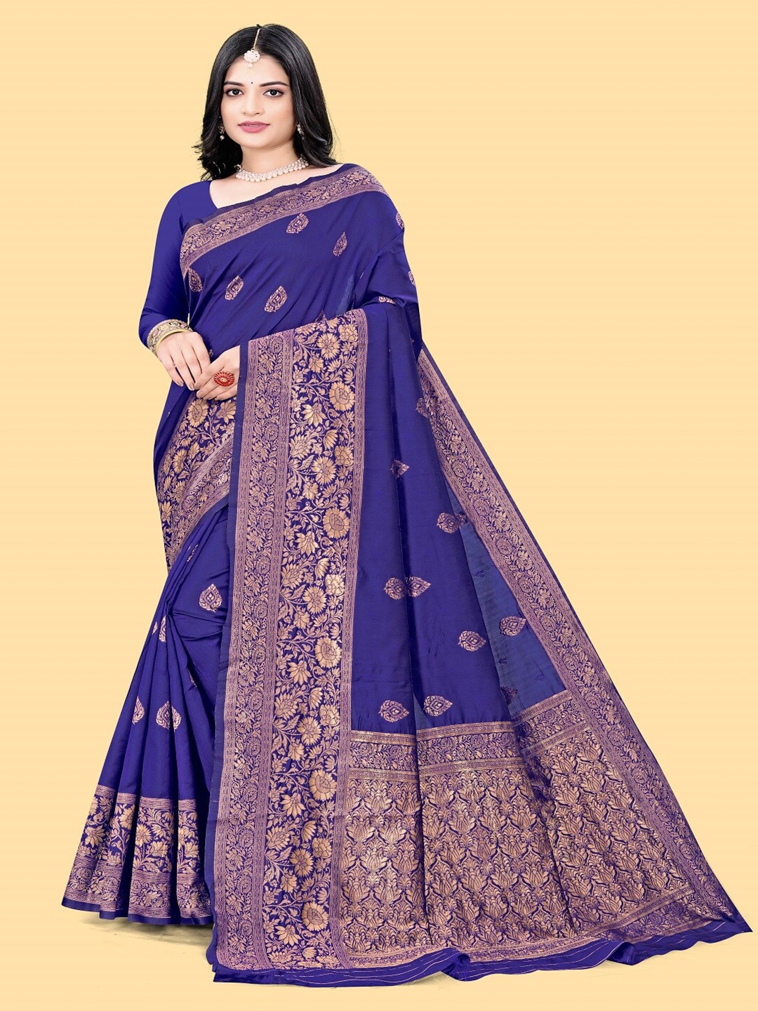 

faxofab Ethnic Motifs Woven Design Zari Pure Silk Banarasi Saree, Navy blue